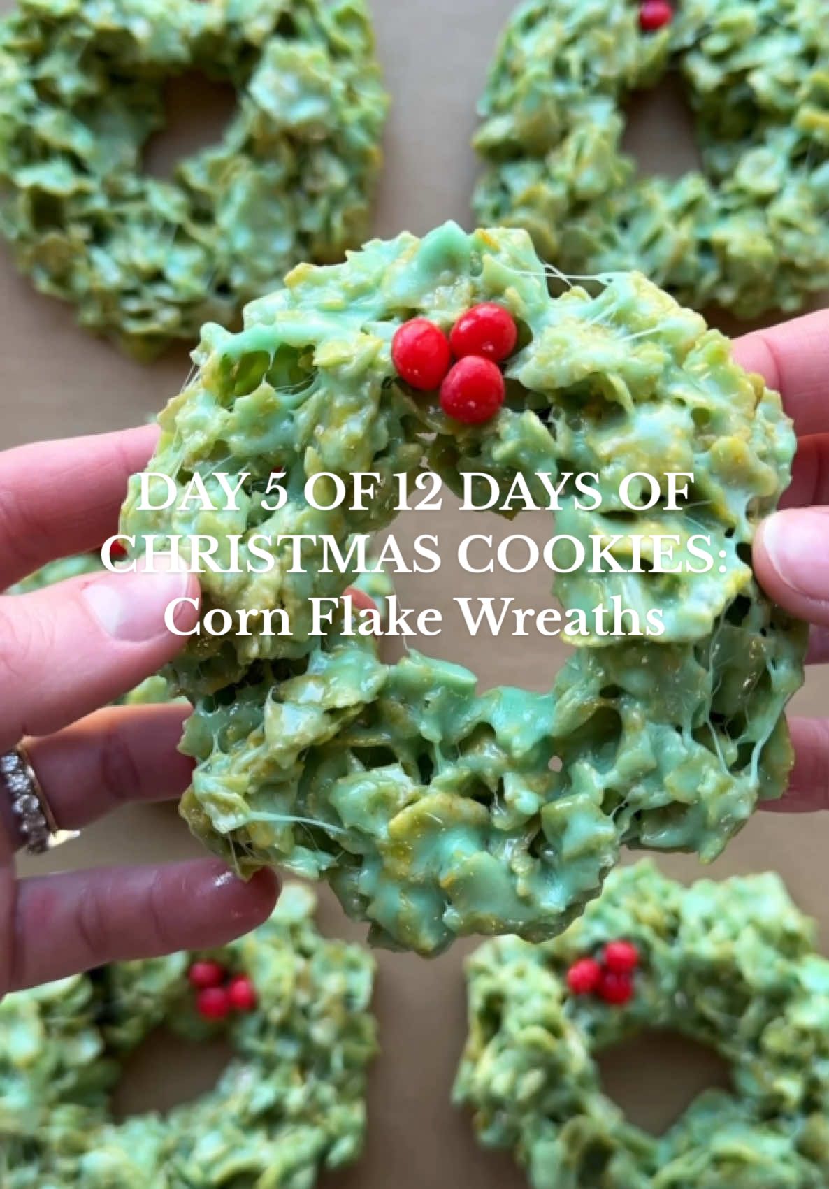 DAY 5 OF 12 DAYS OF CHRISTMAS COOKIES: Christmas Corn Flake Wreaths 🎄❤️ An all time family FAVORITE holiday dessert #christmascookies #cookie #cookies #christmasrecipe 