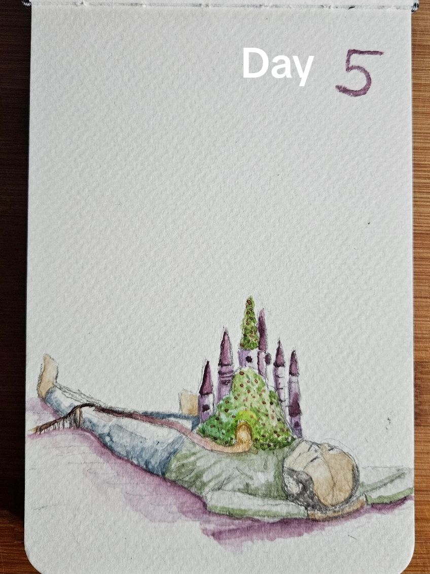 Went with no voice over this time. 🤷‍♀️ A city built atop a sleeping giant.  Day 5 of #SurrealistAdventCalendar  #Christmasideas #salvadordali #happyholidays #adventcalendar #artadventcalendar #decemberartchallenge #surrealart #dailyart #drawingprompts  #whimsicalworlds #tinyartjournal 