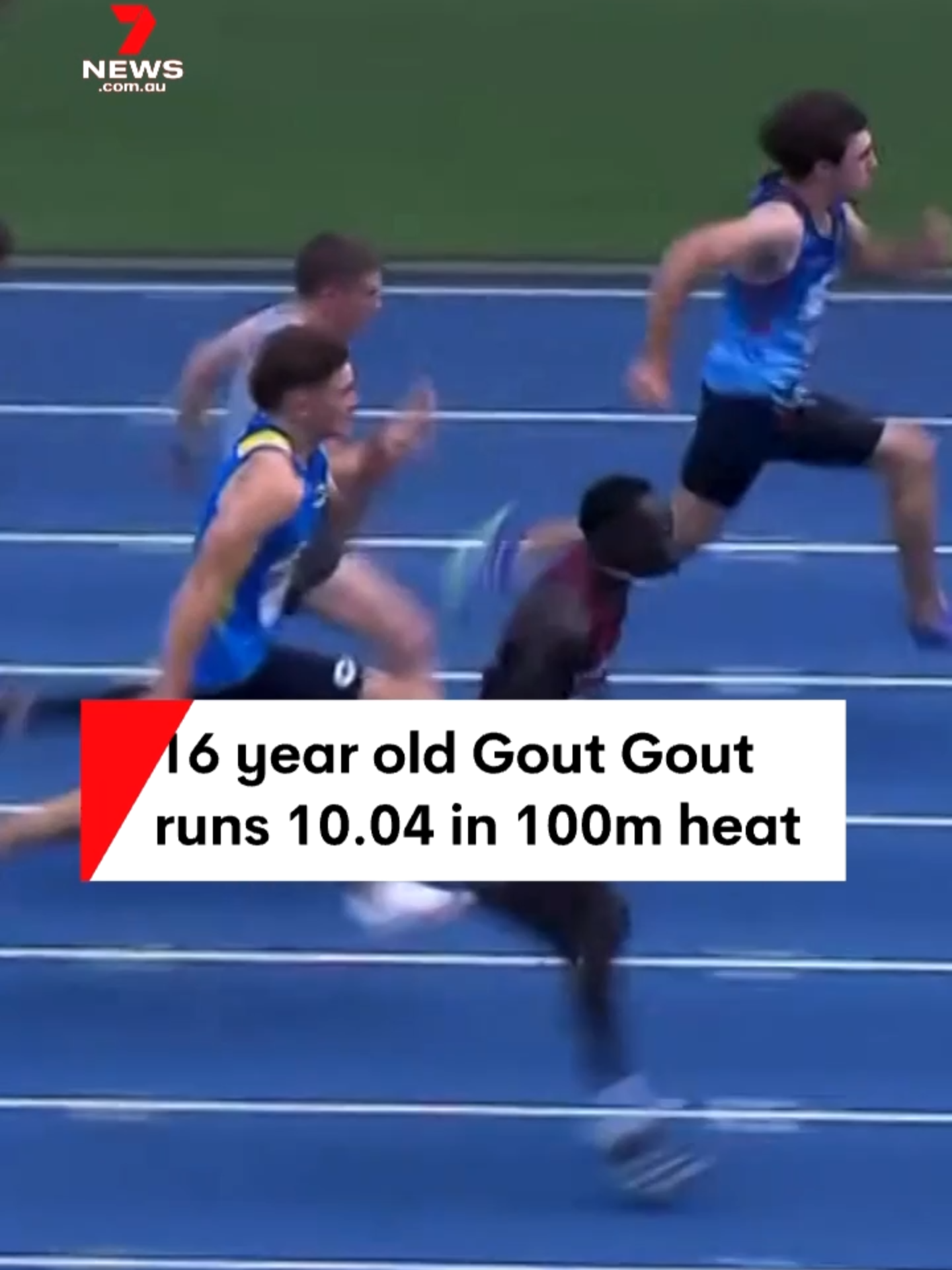 16 year old sprint sensation Gout Gout has run 10.04 seconds in a heat of the Australian All-Schools Championships. The time is the fourth fastest an Australian athlete has ever run the 100 metre event. #GoutGout #athletics #athlete #track #sport #sprint #record #7NEWS