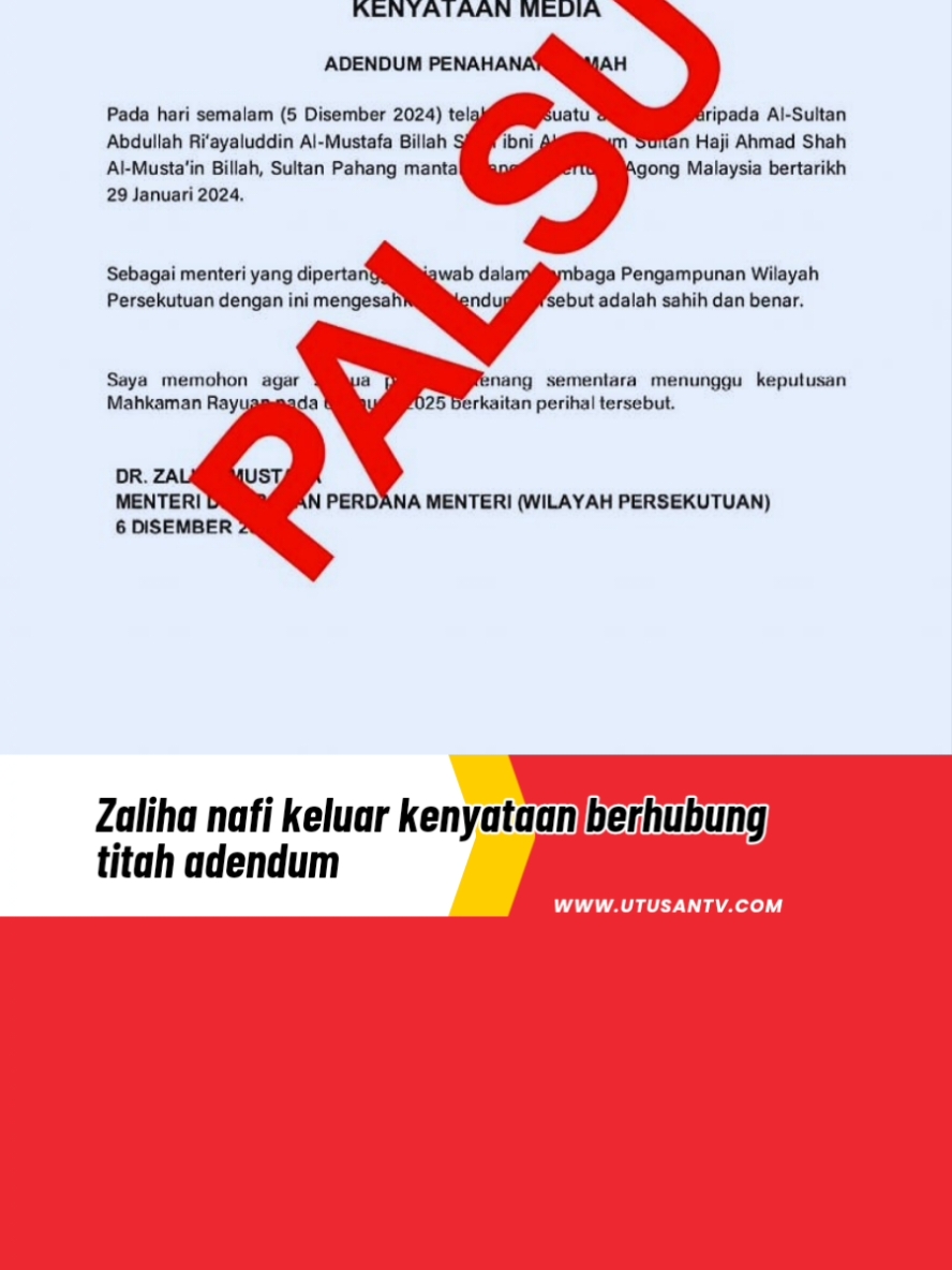 6 DIS 24: Dalam hantaran di Facebook, beliau menegaskan kenyataan media yang tular itu adalah palsu. Zaliha turut menegaskan tidak pernah mengeluarkan kenyataan media berhubung #adendum penahanan rumah itu. #najibrazak #tahananrumah #trendingnewsmalaysia #beritaditiktok #fyp 