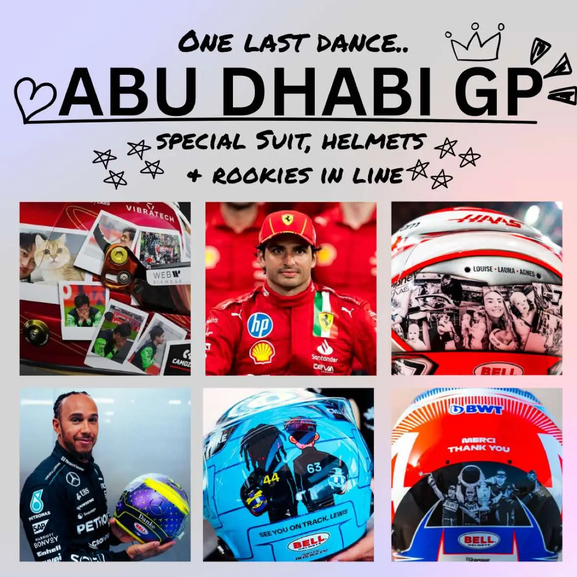 Ive been waiting for Carlos to post his helmet but I have to post because of the rookies. Ive been sobbing since monday.  #formula1 #f1 #abudhabi #f1drivers #lewishamilton #carlossainz 