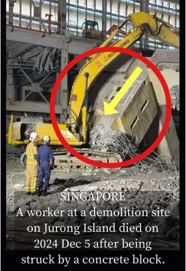 SINGAPORE – A construction worker died on 2024 Dec 5 after being hit by parts of a toppling concrete structure at a work site at Pulau Seraya Power Station on Jurong Island. The incident happened at about 5pm at 3 Seraya Avenue, when the 58-year-old Thai national was using a drill excavator to demolish the structure, the Ministry of Manpower (MOM) and Building and Construction Authority (BCA) said in a joint response to queries. Pieces from the structure fell and hit the excavator with a drill head mounted on its arm and struck the worker, according to the statement. The worker was pronounced dead at the scene by a paramedic from the Singapore Civil Defence Force, which was alerted at about 5.40pm. The worker was employed by Aik Sun Demolition and Engineering, which is also the occupier of the work site. Both MOM and BCA are investigating for possible offences under the Workplace Safety and Health Act and the Building Control Act, respectively. The ministry has also issued a stop-work order for the site, while BCA has revoked the permit issued to the builder, and mandated the submission of a detailed investigation report of the incident. “As a general safety measure, the demolition of structures must be properly planned and done systematically,” the joint statement said. “This includes establishing a plan with a detailed sequence and demolishing from top down to eliminate any premature and unintended collapse of structures.” A total of 15 workers in the construction sector died between January and October, with 10 deaths between July and October. From early 2024, several measures have been rolled out by the authorities to improve workplace safety in the construction industry. These included a greater emphasis by government agencies on safety in evaluating construction tenders from April. https://www.straitstimes.com/singapore/worker-dies-after-being-struck-by-concrete-block-at-jurong-island-demolition-site?fbclid=IwZXh0bgNhZW0CMTEAAR0IV5nYfkxNB6ERGT2aJVTC8JmbZ4FafxT3v_N7HBY6qxZA_3E5Jn7m8nE_aem_FxwLjjc81Sg3ff-BHI4MzQ #worker #demolition #site #jurongisland #died #struck #concreteblock #accident #alert #awareness #constructionsite #viral #real #reallife #foryou #viralvideo #news  #sg #sgviral #singapore #jurongisland #rip #foryou#trendingvideo #fyp  #viralshare 