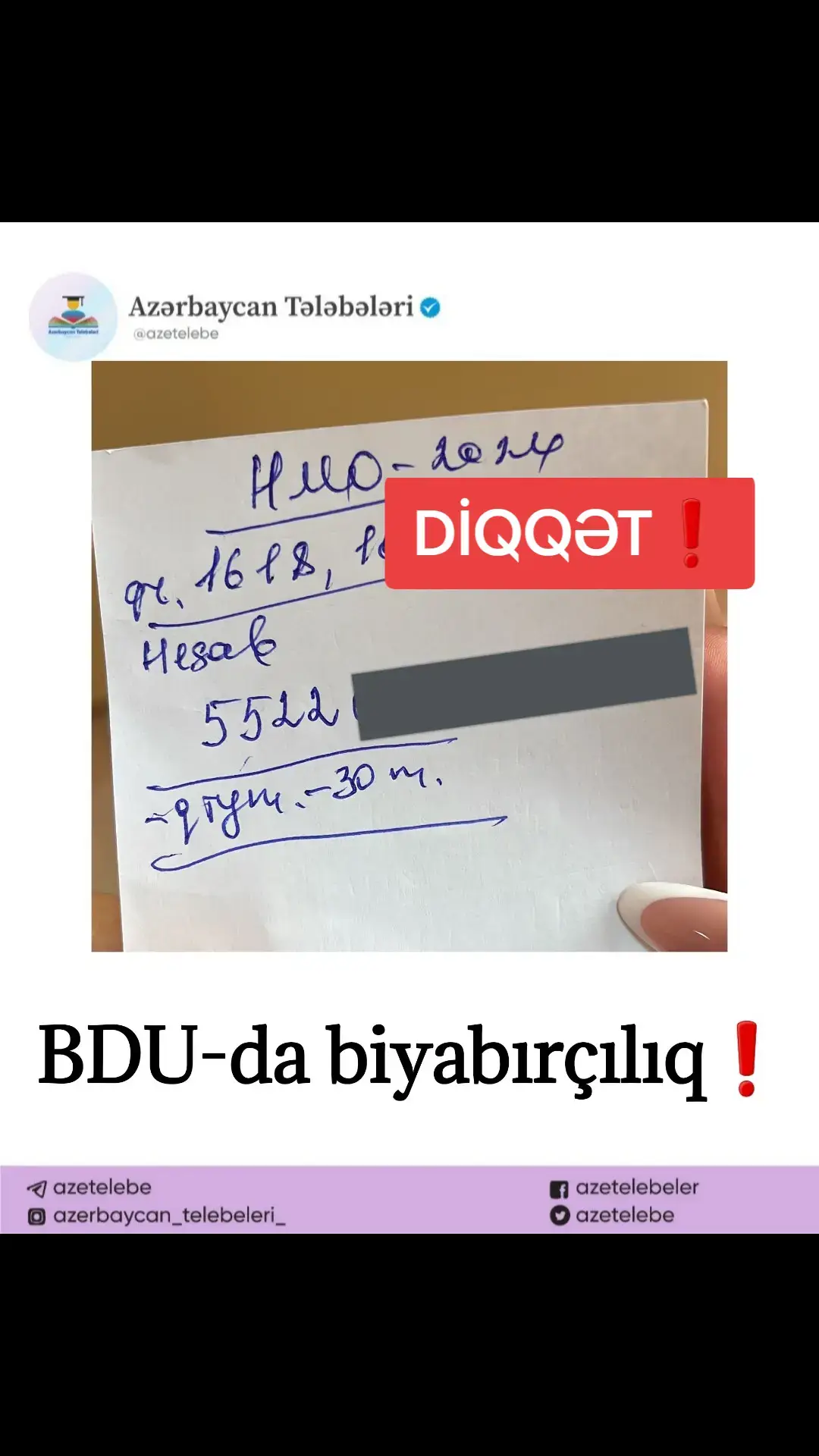 Salam. Şikayətim BDU Hüquq fakültəsi İnzibati hüquq müəllimi Hikmət Eyvazovdandır. Müəllim qrup nümayəndələrinə bildirib ki,  onun həmmüəllif olduğu hüquq mühafizə orqanları dərsliyini alan tələbələrin siyahısı təqdim edilsin. Həmçinin müəllim kart hesabını qrup nümayəndələri vasitəsilə tələbələrə çatdırıb və bildirib ki, 30 manat pul məbləğini karta göndərməklə onun kitabını əldə edə bilərik. Qeyd etmək istəyirəm ki, bu kitab bizim fənnin ədəbiyyat dərsliyi deyildir, bu səbəblə də kitabı əldə edən tələbələrin siyahısını tələb edilməsi səbəbinin aydınlaşdırılmasını xahiş edirəm. Əminəm ki, Hüquq fakültəsi və xüsusilə Konstitusiya hüquq kafedrasının rəhbərliyi bu məsələ ilə ciddi məşğul olacaqdır. #abituriyentlər #abituriyentlərəkömək #qabiliyyətimtahanları #qabiliyyət #abituriyentler #dim #dimeduaz #dimgovaz #təhsilxəbərləri #tehsilxeberleri #dimgovaz #DİM #abituriyentlərəkömək #tehsil #təhsil #telebe #telebeler #tələbə #tələbələr #məniönəçıxart #məniönəçək #kəşfetazərbaycan #keshfetazerbaycan #kesfet #kesfetazerbaycan #CupCat #cupcat #telebetehsil #tələbətəhsil #telebetehsilmerkezi #tələbətəhsilmərkəzi #TələbəTəhsilMərkəzi #tələbətəhsilmərkəzikursları #telebetehsilmerkezikurslari #imtahan #imtahanlar #blokimtahanlari #blokimtahanları #dövlet #dövlət #dövlətimtahanmərkəzi #dövletimtahanmerkezi #buraxılışimtahanı #buraxılısimtahanlari #məzun #mezun #məzunlar #mezunlar #elm #elmvətəhsilnazirliyi #elmvetehsilnazirliyi #kitab #miq #MIQ #müəllim #muellim #şagird #shagird #sagird #təhsilxəbərləri #tehsilxeberleri #xaricdətəhsil #xaricdetehsil #türkiyedetehsil #türkiyədətəhsil #azərbaycan #hazırlıq #hazırlıqkursları #hazirliqkurslari #pərvin #pervin #pervineliyev #pərvinəliyev #əliyevpərvin #eliyevpervin #pərvinmüəllim #pervinmuellim #pervinbey #pərvinbəy 