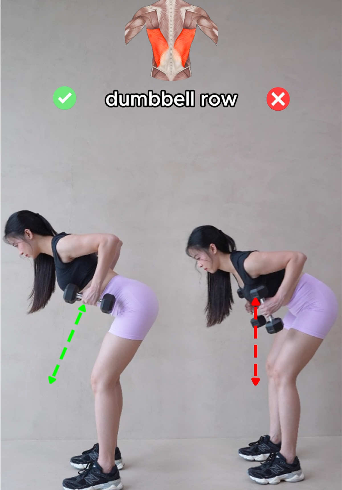 📌 Dumbbell Rows : Master Your Form! 👌 🚫 Common Mistakes: ▸   Rounding your back ▸   Pulling with your hand or forearm (overuses the biceps) ▸   Letting your core go loose ✅ Proper Form Tips: ▸   Keep your back flat and neutral ▸   Pull with your elbow to engage your lats ▸   Brace your core for control and balance . 📲Train with us here : www.squatcouple.app