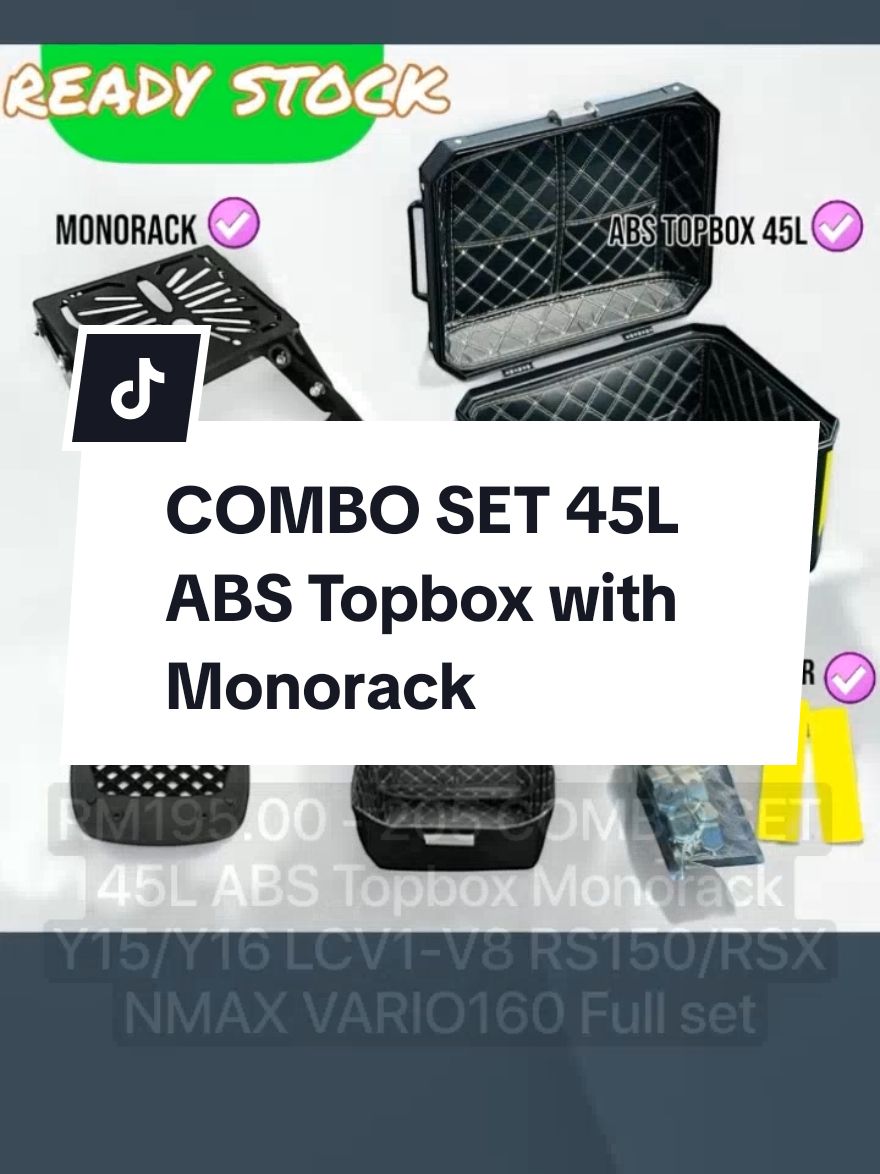 Hanya RM195.00 - 205.00 untuk COMBO SET 45L ABS Topbox with Monorack Y15/Y16 LCV1-V8 RS150/RSX NMAX VARIO160 Full set Besi Rack & Kotak Belakang! Jangan ketinggalan! Ketik pautan di bawah #comboset #abstopbox#topboxformotorcycle #fullsettopbox #monorack #topboxyamaha#yamaha #termurah #trending #viralvideo #viral #murah #terkini 