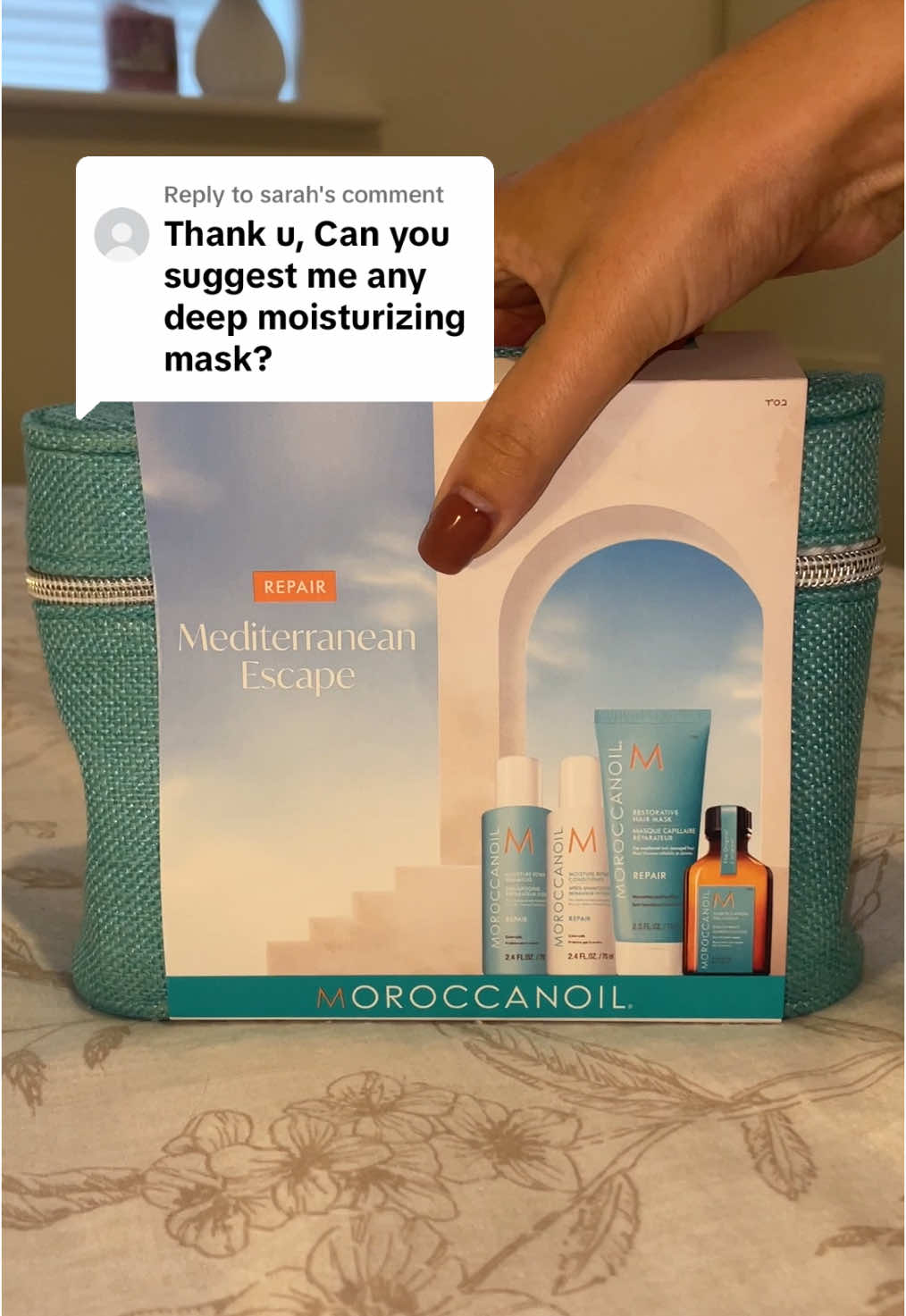 Replying to @sarah the moroccanoil set has one of my fav hairmasks in 🫶🏼 #fyp #moroccanoil #haircare #hairmask 