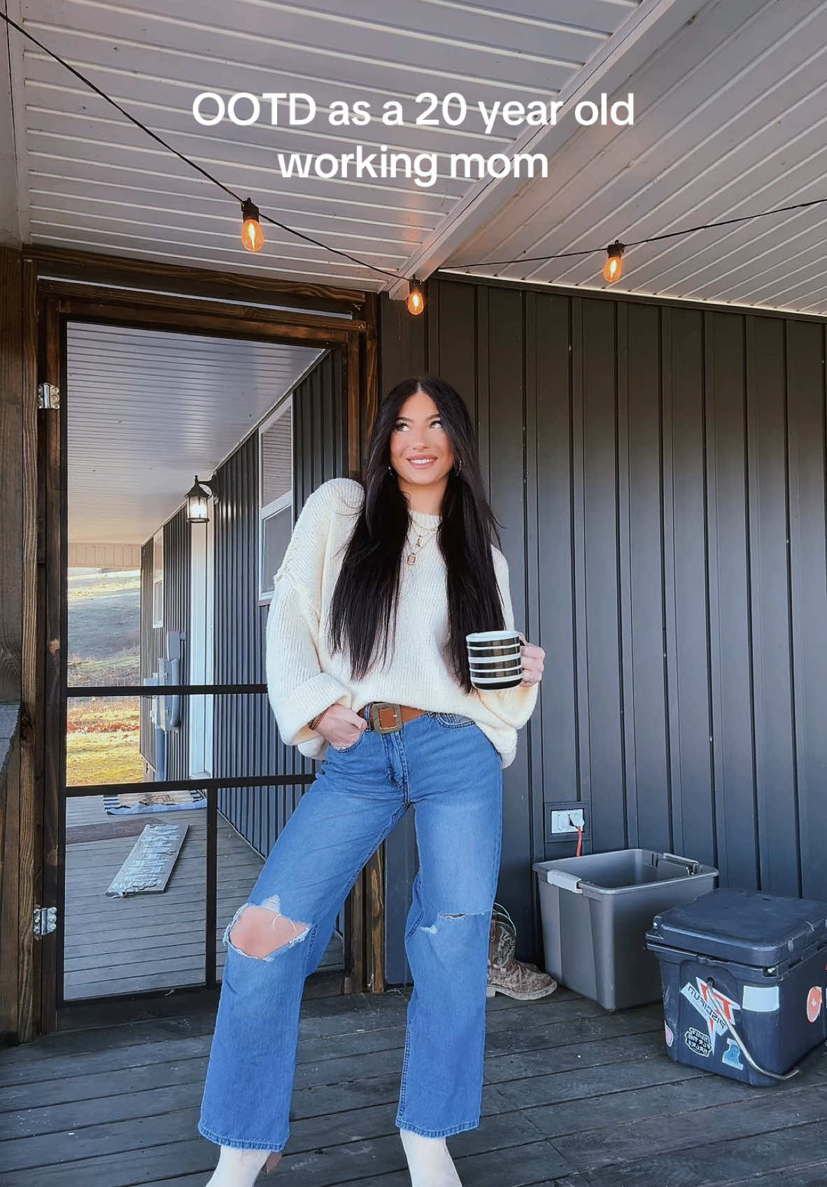 Lets pretend my porch isnt wrecked🫣🫣 Sweater from @Going Chic Boutique #OOTD #momootd #winterfashion #winterootd #comfyoutfit #cuteoutfit #goingchicboutique #getreadywithme