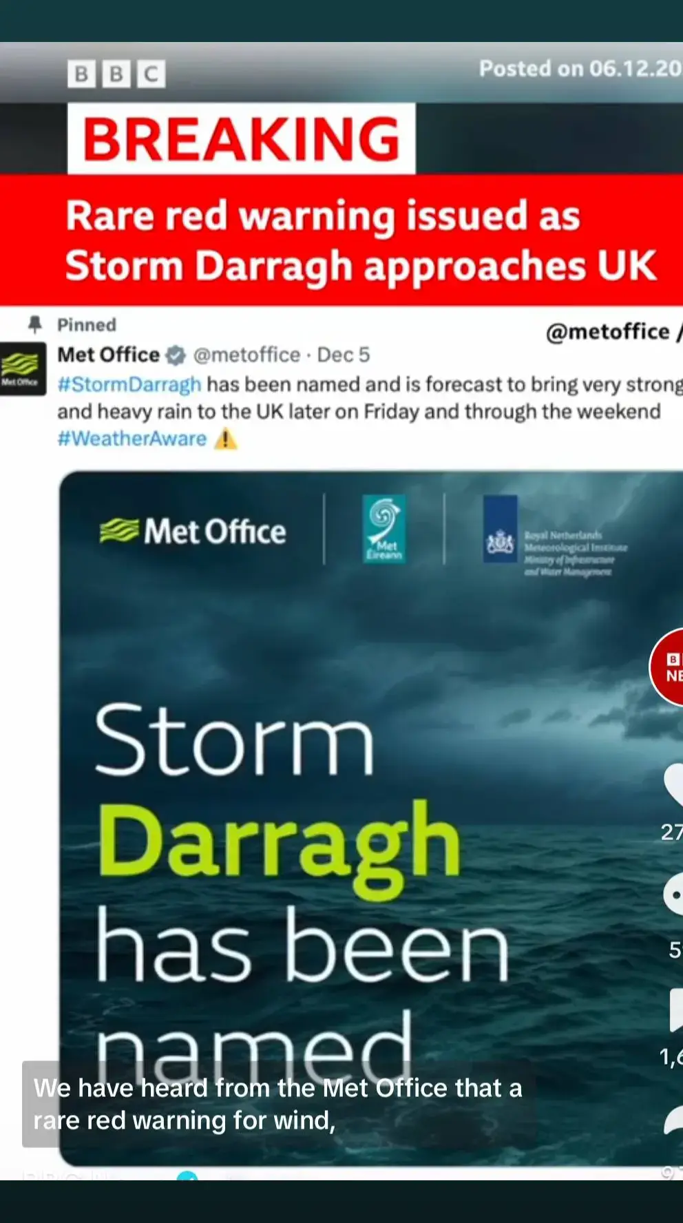 The red weather warning - which is the most serious type of alert - is in place from 3am to 11am on Saturday, covering western and southern coastal regions of Wales as well as the Bristol Channel in England. #MetOffice #Warning #Weather #StormDarragh #Storm #WeatherWarning #Wales #BristolChannel #England #UK #News 236k #BreakingNews #BBCNews