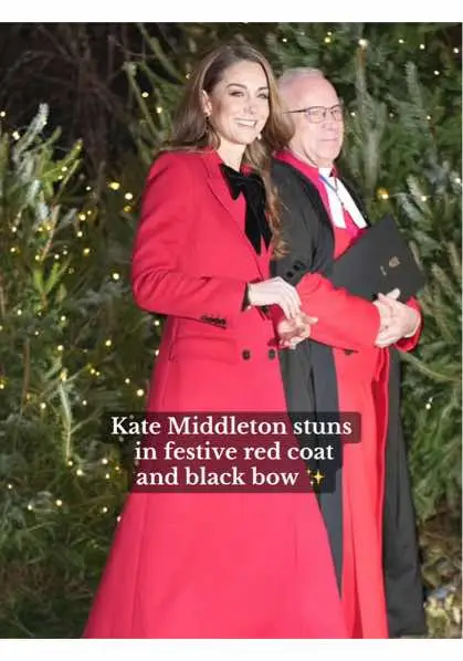 The Princess of Wales today arrived at Westminster Abbey to lead her family at her Christmas carol concert. Kate put on an elegant display in a red coat, featuring a statement black bow, which she teamed with matching heeled boots. She is set to be joined just before the start of the event by her three children - Prince George, 11, Princess Charlotte, nine, and Prince Louis, six - as well as her husband, the Prince of Wales, who will read the first Lesson.