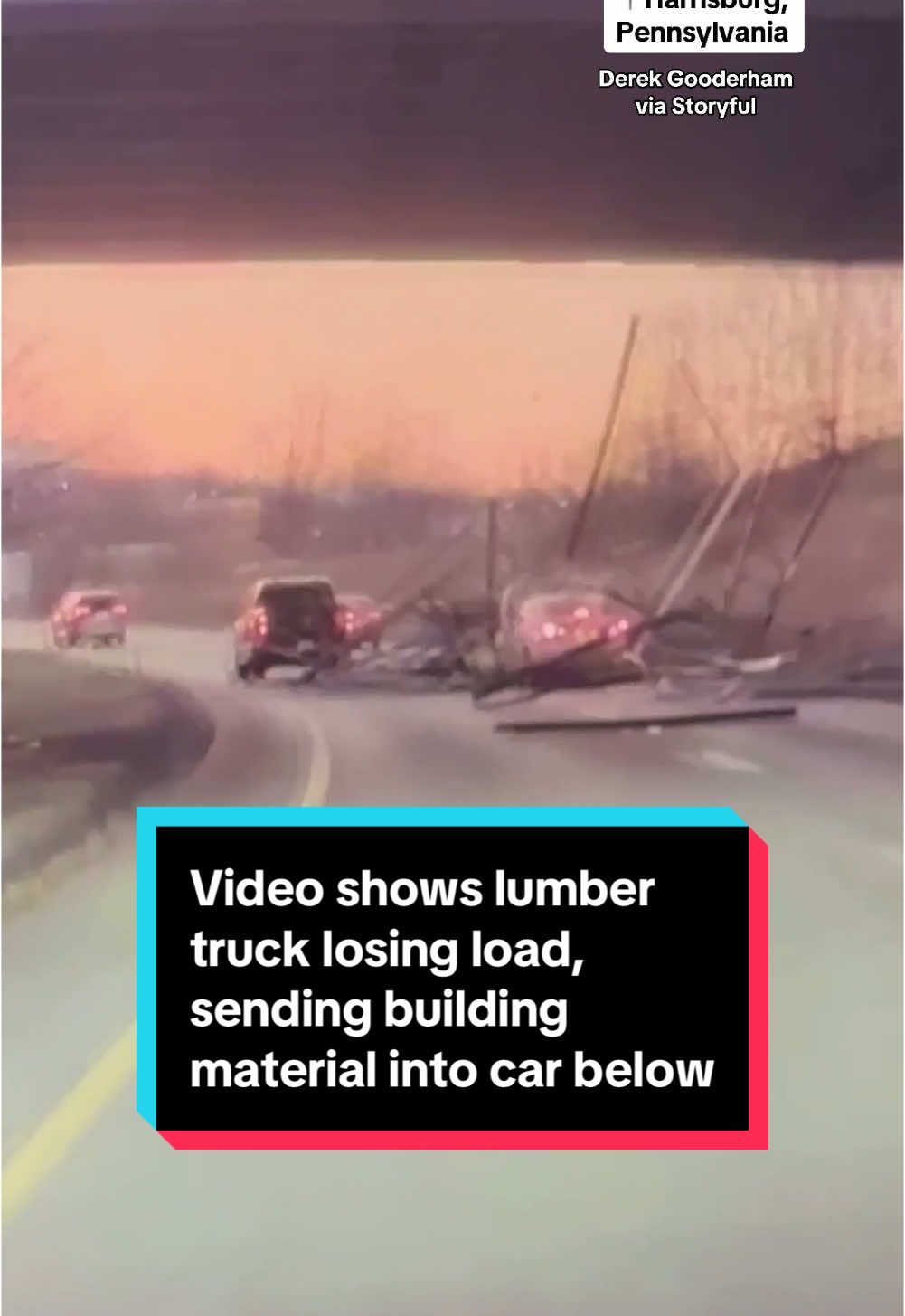 Video shows the terrifying moment a load of lumber fell off a truck driving on an overpass in Harrisburg, Pennsylvania, hitting a car below. The driver who caught the footage on his dashcam initially thought the boards were trees before realizing they were building materials. No one was injured in the incident. #harrisburg #pennsylvania 