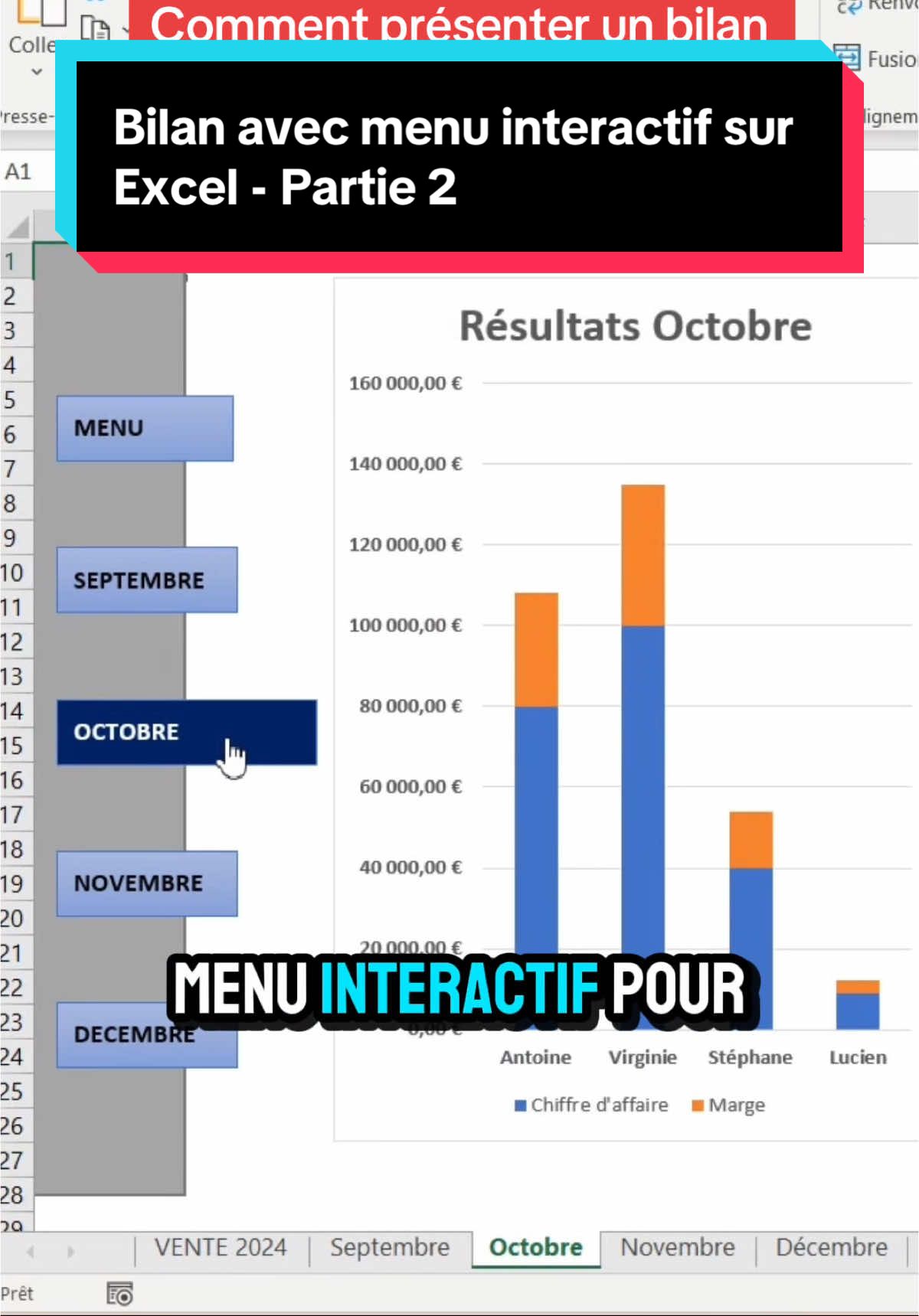 Tuto et astuce sur Excel !  Je te montre comment faire un menu interactif sur Excel automatisé, pour debutants ! Ideal pour présenter un bilan et impressionner son boss ou son superieur  N’hesite pas à m’envoyer un DM si tu as une demande particulière #ExcelTips #TutorielExcel #AstuceBureau #Productivité #DébutantsExcel #FormationGratuite #TableurFacile #ApprendsAvecMoi #ExcelPourTous 