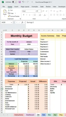 This Google Sheets and Excel budget spreadsheet automatically calculates your finances, provides a yearly overview, and keeps you on track with monthly budgeting tabs.