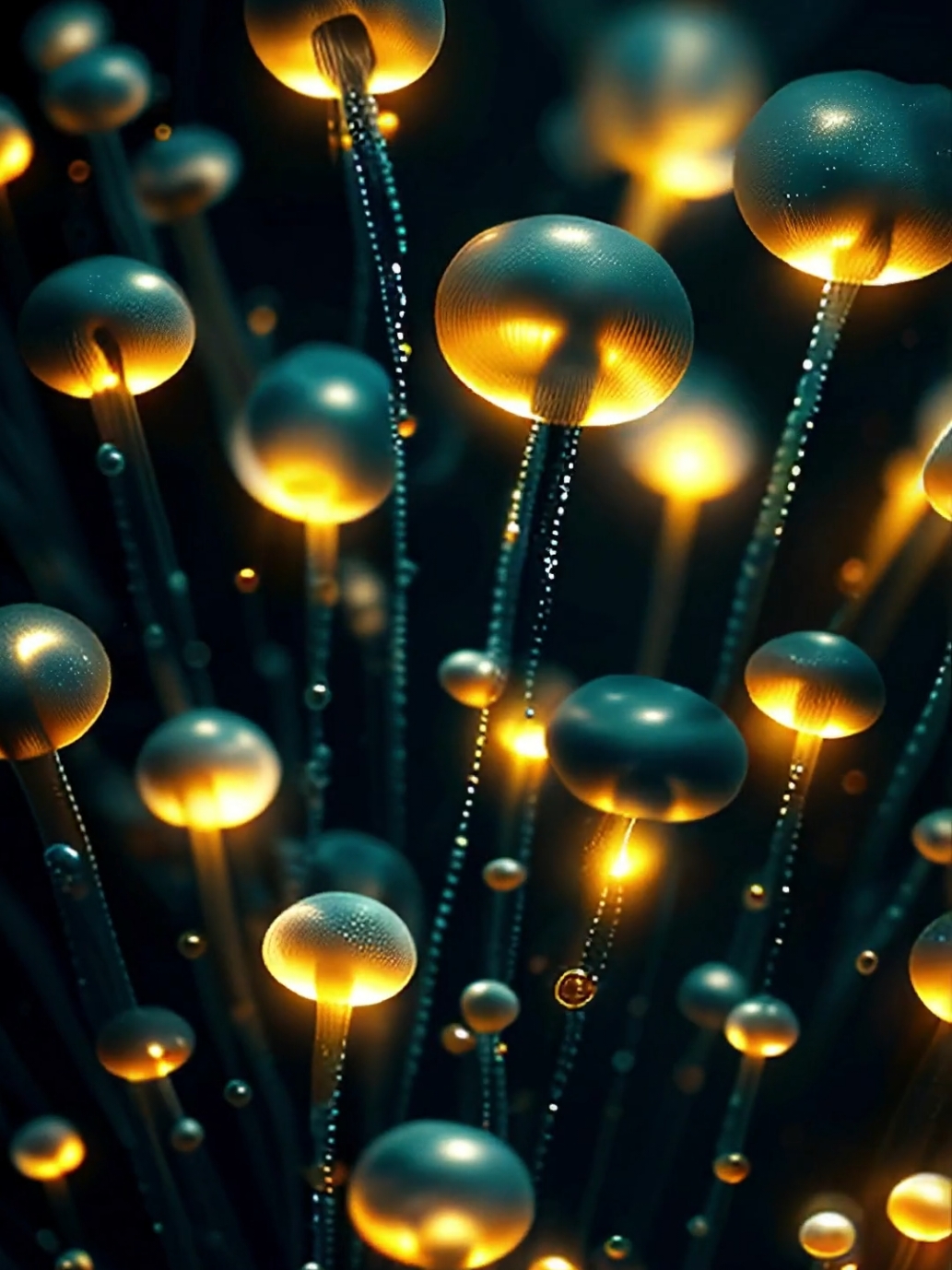 Glimmering Stillness.  In the depths of a dark navy and black backdrop, barely perceptible mushroom caps emerge, their outlines glowing softly like ethereal orbs. A faint golden glow encircles each form, resembling delicate halos floating in the stillness, creating a serene and magical atmosphere. #LiveWallpaper #GlowingMushrooms #MysticalGlow #EtherealLight #GoldenHalos #MagicalStillness #AIWallpapers 