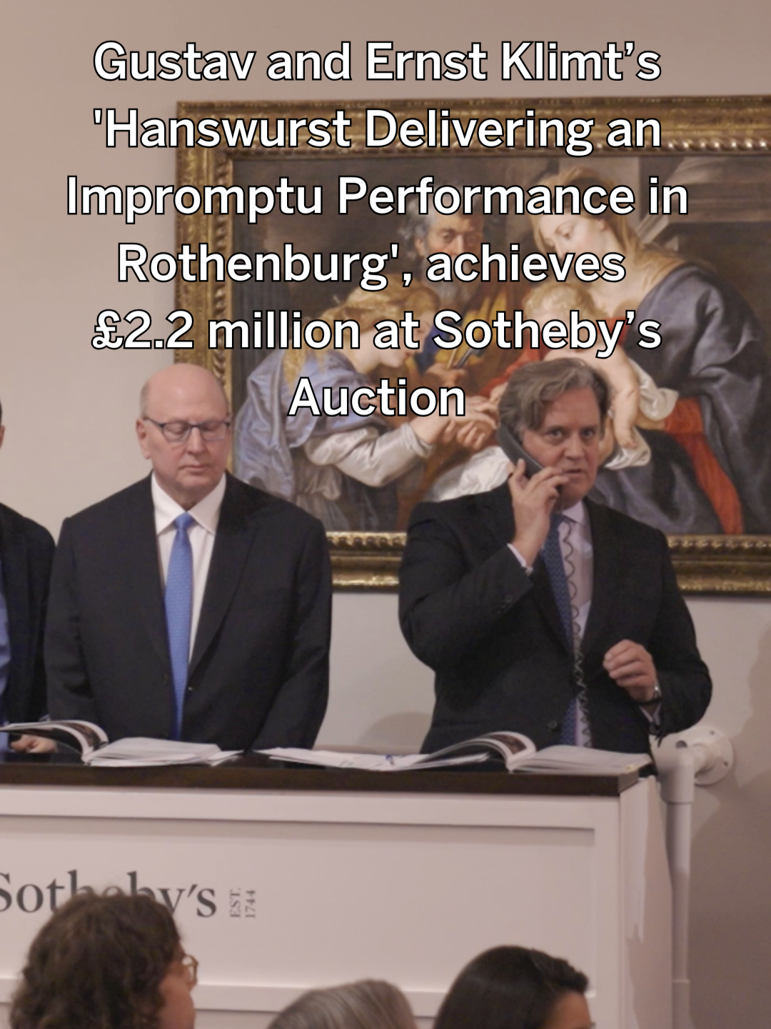 Six bidders competed for Gustav and Ernst Klimt’s 'Hanswurst Delivering an Impromptu Performance in Rothenburg', propelling the price to £2.2 million—16 times its previous auction result 40 years ago. This extraordinary collaboration, painted in 1892, was completed by Gustav after Ernst’s untimely passing at just twenty-nine. Witness the moment the hammer fell at #SothebysLondon.