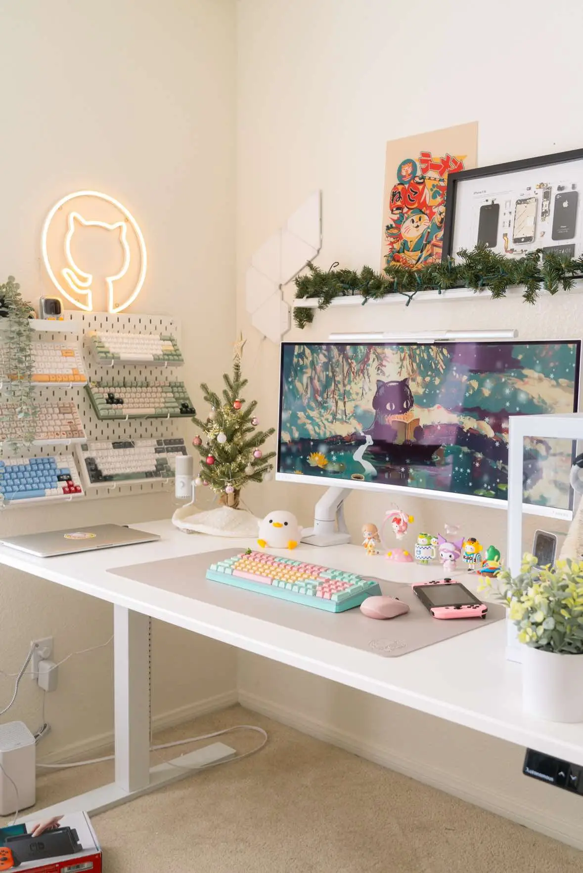 enjoying christmas decor, transparent mechanical keyboard and neon sign this week ☺️  #desksetup #homeofficedecor #GamingSetup #pcsetup #gamingroom #cozyvibes #mechanicalkeyboard #softgirl #cozyroom #aesthetic #christmasdecor #deskdecor 