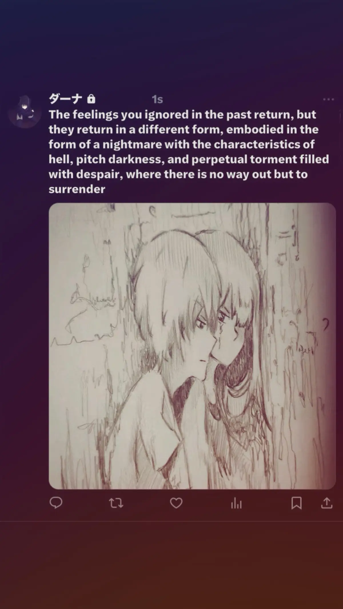 The feelings you ignored in the past return, but they return in a different form, embodied in the form of a nightmare with the characteristics of hell, pitch darkness, and perpetual torment filled with despair, where there is no way out but to surrender  #explore #fyp #foryou #4u #viral #ex #lyrics 