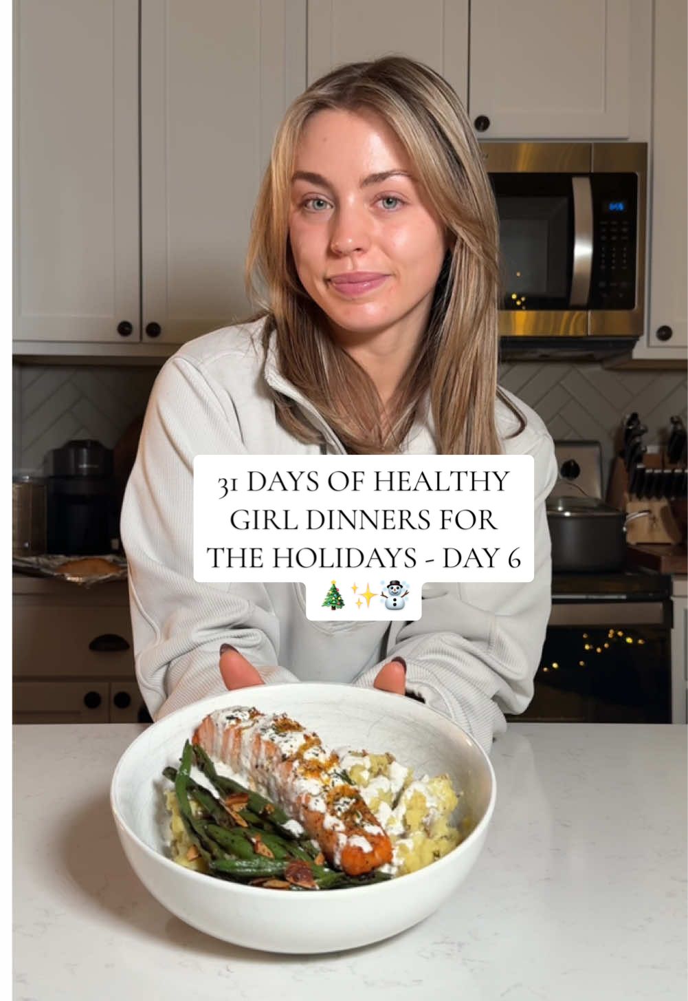 31 days of healthy girl dinners for the holidays - day 6 🎄✨☃️ recipe below!! Ingredients:  @Drink Poppi for the good vibes 2 salmon filets Zest of 1 lemon Juice of 1 lemon 1 bag green beans  1/2 cup slivered almonds  @SunnyGem Almond Oil drizzle 1 bag of little potatoes 2-3 tbsp @Good Culture cottage cheese 1 garlic clove  Basil, optional Shake of Parmesan cheese Drizzle of @Mike’s Hot Honey  Seasonings: @Simply Organic garlic powder, salt, pepper, @Graza olive oil Instructions: 1. Season salmon with above seasonings, and bake at 400° for 15 ish minutes (don’t quote me on this im new to salmon in the oven lol) 2. Boil potatoes until soft, drain, then mash with blender. Then, add in drizzle of almond oil, salt, pepper, garlic powder 3. In a pan (@Caraway Home ELLIETEALE10 for 10% off), brown almond with almond oil. Remove almonds from pan, then add in green beans and cook until soft. Then, add in toasted almonds and toss 4. In a blender, combine cottage cheese, garlic, honey, lemon juice, pepper, basil, and a little water and blend until smooth  5. Assemble healthy girl dinner 6. Enjoy😚 #DinnerIdeas #easydinner #healthydinner #easydinnerrecipes #healthyrecipes #mealideas #Vlogmas 