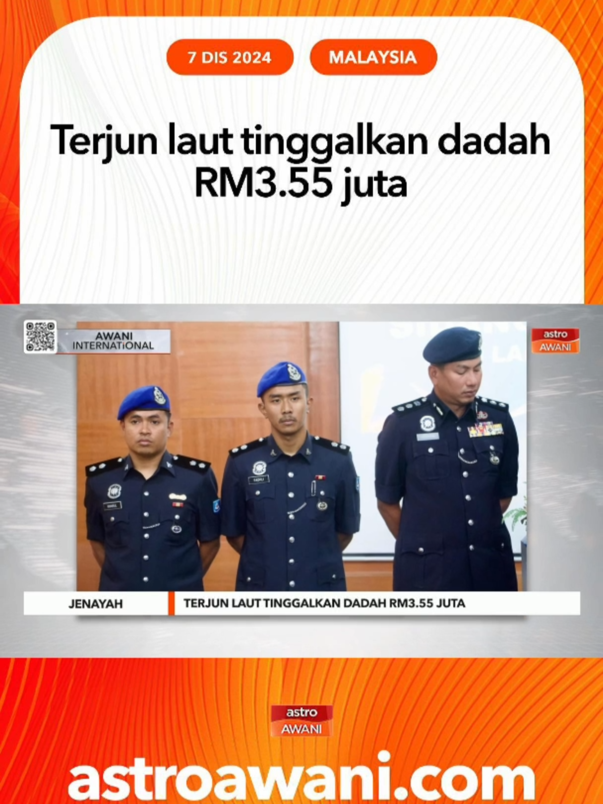 Dadah bernilai RM3.55 juta yang dipercayai diseludup masuk dari negara jiran ke Pulau Langkawi sebagai destinasi transit digagalkan polis. Menerusi sidang media pada jumaat, komander Pasukan Polis Marin Wilayah Satu, Asisten Komisioner Rusley Chi Ari berkata, operasi khas itu dijalankan sepasukan Pasukan Polis Marin (PPM) Wilayah Satu kira-kira jam 11 malam isnin lalu. #AWANInews