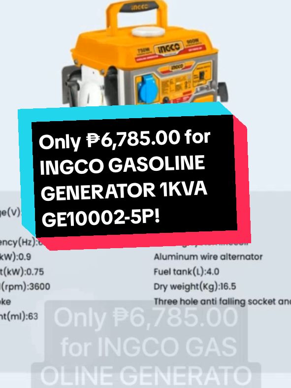 Only ₱6,785.00 for INGCO GASOLINE GENERATOR 1KVA GE10002-5P!  #generator #portablegenerator #powerstation #fyp #yellowbasket 