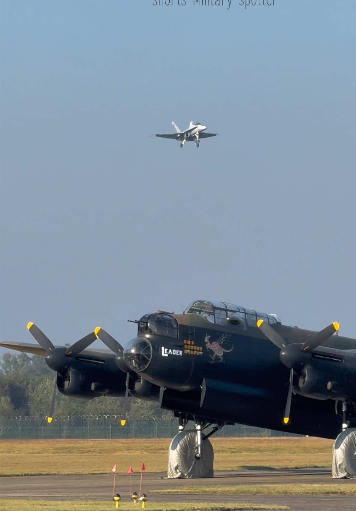 Finnish F-18 is crossing Lancaster B1 #military #aviation #spotting #spotter #aviationgeek #airshow #plane #airforce #plane #finnish #finland #lancaster #avrolancaster #superhornet #f18 #aircraft #ww2 #wwii #warbird #warbirds #mcdonneldouglas #avro