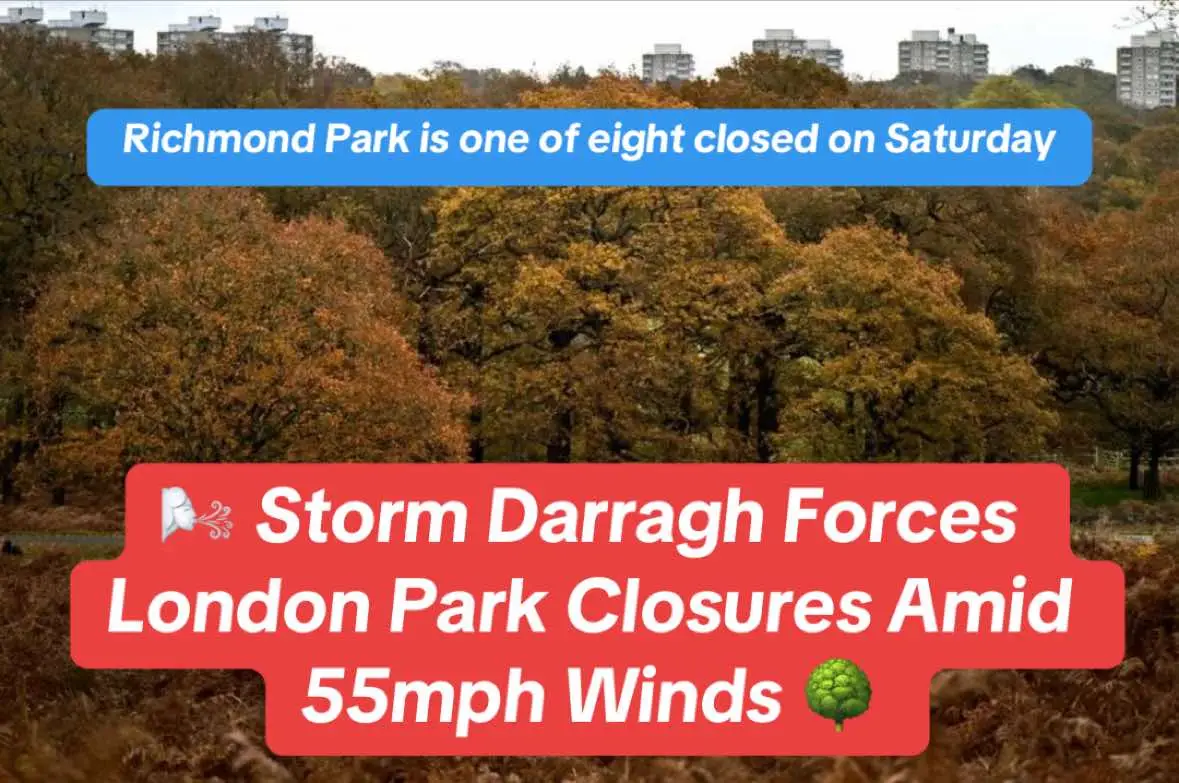 London, UK — The Royal Parks of London have announced the closure of eight parks and their facilities on Saturday, December 7, as Storm Darragh sweeps through the capital. The Met Office has issued a yellow weather warning for 55mph winds in London, with parts of the South West and Wales under a red warning, indicating a threat to life. The closure affects popular landmarks like Hyde Park, Kensington Gardens, and Richmond Park, along with their cafés, cycleways, and sports venues. London’s much-loved Winter Wonderland is also closed for the day. What’s Closed? The following parks and their amenities will be shut: 1️⃣ Hyde Park 2️⃣ Kensington Gardens 3️⃣ Richmond Park 4️⃣ Bushy Park 5️⃣ Green Park 6️⃣ St. James’ Park 7️⃣ Regent’s Park & Primrose Hill 8️⃣ Greenwich Park 🕊️ Brompton Cemetery 🏛️ Victoria Tower Gardens Closed facilities include: 	•	Park roads and cycleways 	•	Cafés, kiosks, and shops 	•	Sports venues 	•	Serpentine Lido & Boating Lake Reopening Timeline On Sunday, December 8, all parks will reopen following a safety inspection. Visitors should expect delayed opening times, with updates shared via The Royal Parks’ website and social channels. Royal Parks’ Statement 	“This closure is in line with our Tree Safety Policy and Emergency Plan relating to high winds. The safety of visitors and staff is our top priority. We’re sorry for any inconvenience that these closures may cause.” Safety First The closures ensure public safety as strong winds pose risks like falling branches and debris. Residents are encouraged to stay updated and avoid affected areas. Stay safe, Londoners! 🌪 #StormDarragh #LondonWeather #RoyalParks #WinterWonderlandClosure #StaySafeLondon #NewsBuzz247 #london #londonnews #follow #foryou 