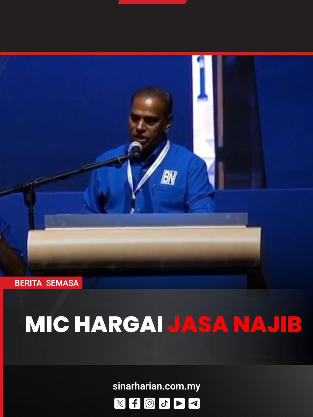 Presiden MIC zahir penghargaan terhadap jasa Najib Timbalan Presiden MIC, Datuk Seri M Saravanan menzahirkan penghargaan terhadap jasa yang dilakukan bekas Perdana Menteri, Datuk Seri Najib Tun Razak kepada negara pada majlis Sambutan Ulang Tahun ke-50 Barisan Nasional di Pusat Dagangan Dunia Kuala Lumpur (WTCKL) pada Sabtu. #SinarHarian #BeritaSemasa #SambutanUlangtahunke50BN #MIC #MSaravanan #WTCKL