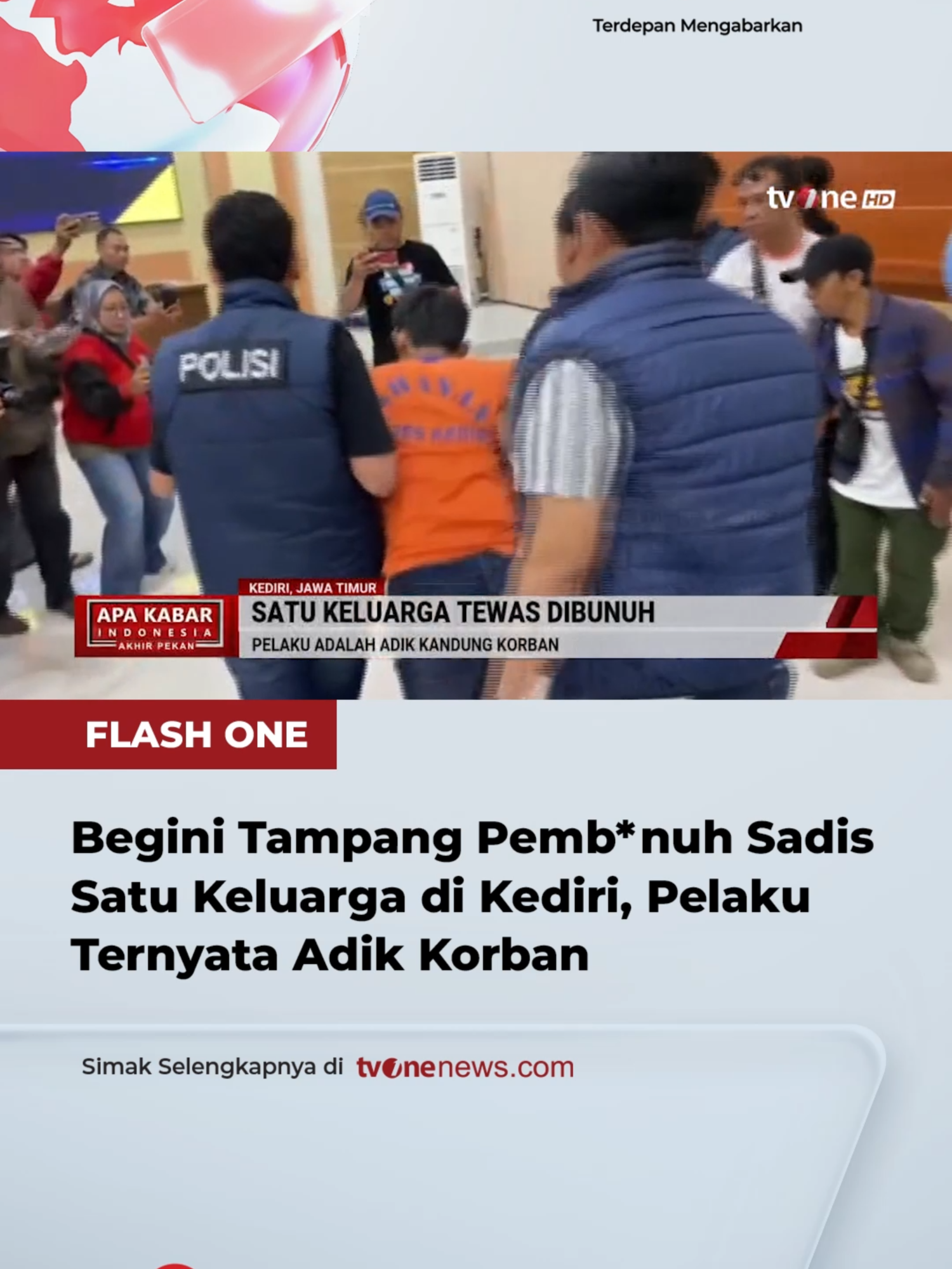 Polisi menangkap pelaku perampokan disertai pembunuhan satu keluarga di Desa Pandantoyo, Kecamatan Ngancar, Kabupaten Kediri, Jawa Timur. Pelaku bernama Yusa Cahyo Utomo merupakan adik dari korban tewas, Kristina.  Dalam kejadian itu tiga orang tewas dan satu orang lainnya yang masih dalam satu keluarga kritis. Korban tewas, yaitu Agus Komarudin (38) dan Kristina (34) istrinya. Jasad kedua korban ditemukan tergeletak di lantai dapur rumah. Sedangkan Christian Agusta Wiratmaja Putra (9), putra kedua korban ditemukan tewas di ruang tengah. Sementara, putranya bernama Samuel Putra Yordaniel (8) ditemukan kritis di dalam kamar. Simak berita selengkapnya hanya di https://tinyurl.com/muk6kkn7  #HardNews_Kriminal #FlashOne #CariBeritaditvOne #Kriminalitas #SatuKeluargaKediri #Kediri #JawaTimur #FO01