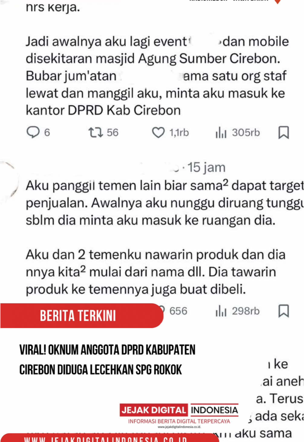 Viral Oknum Anggota DPRD Kab.Cirebon diduga Lecehkan SPG Rokok. Hal ini mencuat lantaran korban curhat di akun pribadi nya di Sosial Media X. Korban yang tak terima didampingi pengacara nya, resmi melaporkan oknum anggota dewan tersebut ke Kepolisian. #beritaterkini #beritaviral #beritatiktok #infoterkini #jejakdigitalindonesia #cirebon #spg 