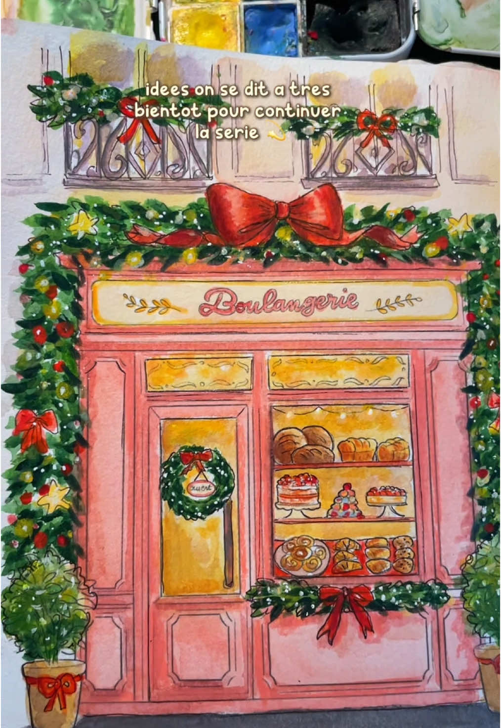 La boulangerie décorée pour les fêtes 🥐🎀♥️🎄  Mon carnet de souvenirs est disponible en librairie !  . . #aquarelletips #carnetdesouvenirs #tutoaquarelle 