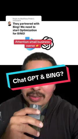 Replying to @Matthew Pride If chat GPT ever included a local business listing search would it pull in businesses listed with Bing or from all platforms? Either way, why not get listed on Bing? Although few, some hUMANS use Bing exclusively. 👀 #greenscreen #chatgpt #bing #microsoft #google 