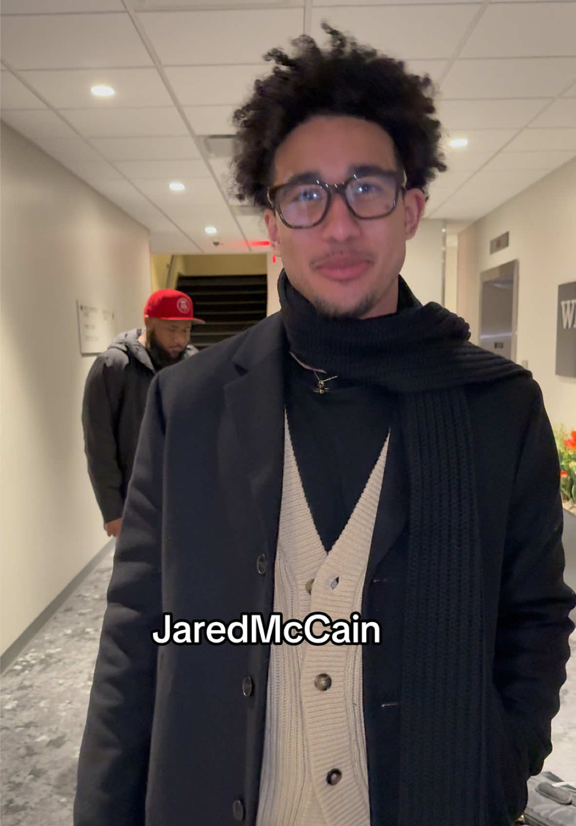 @Jaredmccain24  Glasses : @chromeheartsofficial  Scarf : @jimmychoo  Jacket : @theory__  Cardigan : @ryokorain  Socks : @jumpman23  Shoes : @drmartensofficial Jared mccain fit check #fyp #sixers 