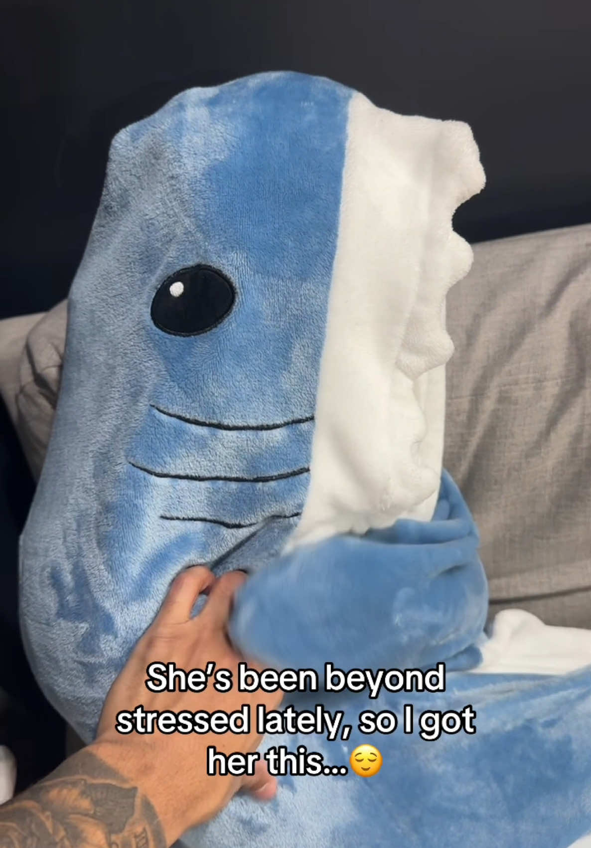 She’s so happy now 😌 #trending #viralfinds #viral #couplegoals #cozyshark #sharkblanket #foryoupage #fy 