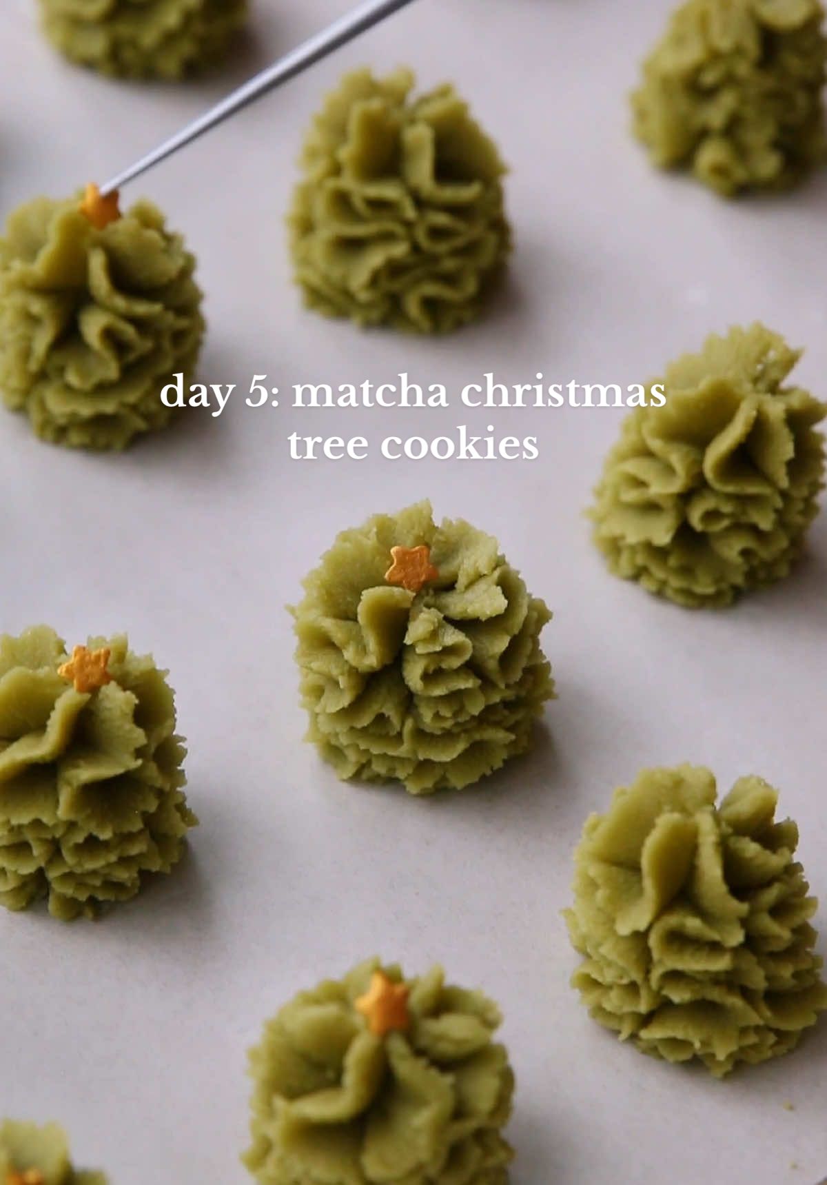 day five: matcha christmas trees 🎄 i make a version of these piped matcha cookies every year. whether they’re in wreath or christmas tree shapes, they’re equally as delicious. the dough creates a rich and ultra sandy cookie that melts in your mouth. use the best salted  butter you can find! (makes 24 cookies) 135 g salted butter, softened 45 g icing sugar 115 g all-purpose flour 40 g cornstarch 2 tsp matcha powder  sprinkles, for garnishing in a medium bowl, combine softened salted butter with icing sugar with a rubber spatula until smooth in a separate bowl, whisk together flour, cornstarch, and matcha powder using a rubber spatula, fold in the dry ingredients into the butter-sugar mixture until no more dry spots remain transfer the dough into a piping bag fitted with a large open star tip (i used wilton 2d) apply pressure to pipe the dough onto the prepared baking sheet. if you are having trouble piping out the dough, you can warm up the dough in the piping bag between the palms of your hands, or add an extra 1 tbsp of melted butter to the dough and refill the piping bag. leave 1 inch between each cookie. top each cookie with a star sprinkle and additional festive sprinkles  transfer the sheet of piped cookies to the freezer while you preheat the oven to 325f. chilling the dough will prevent the cookies from spreading in the oven  bake the cookies until the bottoms are set, about 25 – 30 minutes  allow the cookies to cool on the baking sheet for 5 minutes before transferring them to a cooling rack to cool completely and decorate #holidaybaking #christmascookies #christmascookie #holidaycookies #christmasbaking