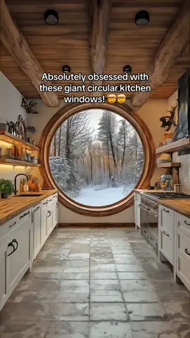 These giant circular kitchen windows look absolutely stunning! 😱😱 #interiordesign #rustic #kitchenremodel #homerenovation #tiktokmademebuyit 