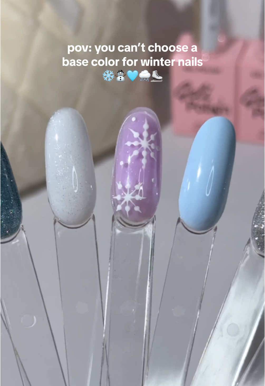 What’s your favorite base for winter? ⛄️❄️  1. Sapphire  2. Stardust 3. Baby Blue My Mind  4. Lilac Quartz 5. Diamonds Are Forever  6. Frost  7. Blueberry Latte  #nails #winternails #christmasnails 