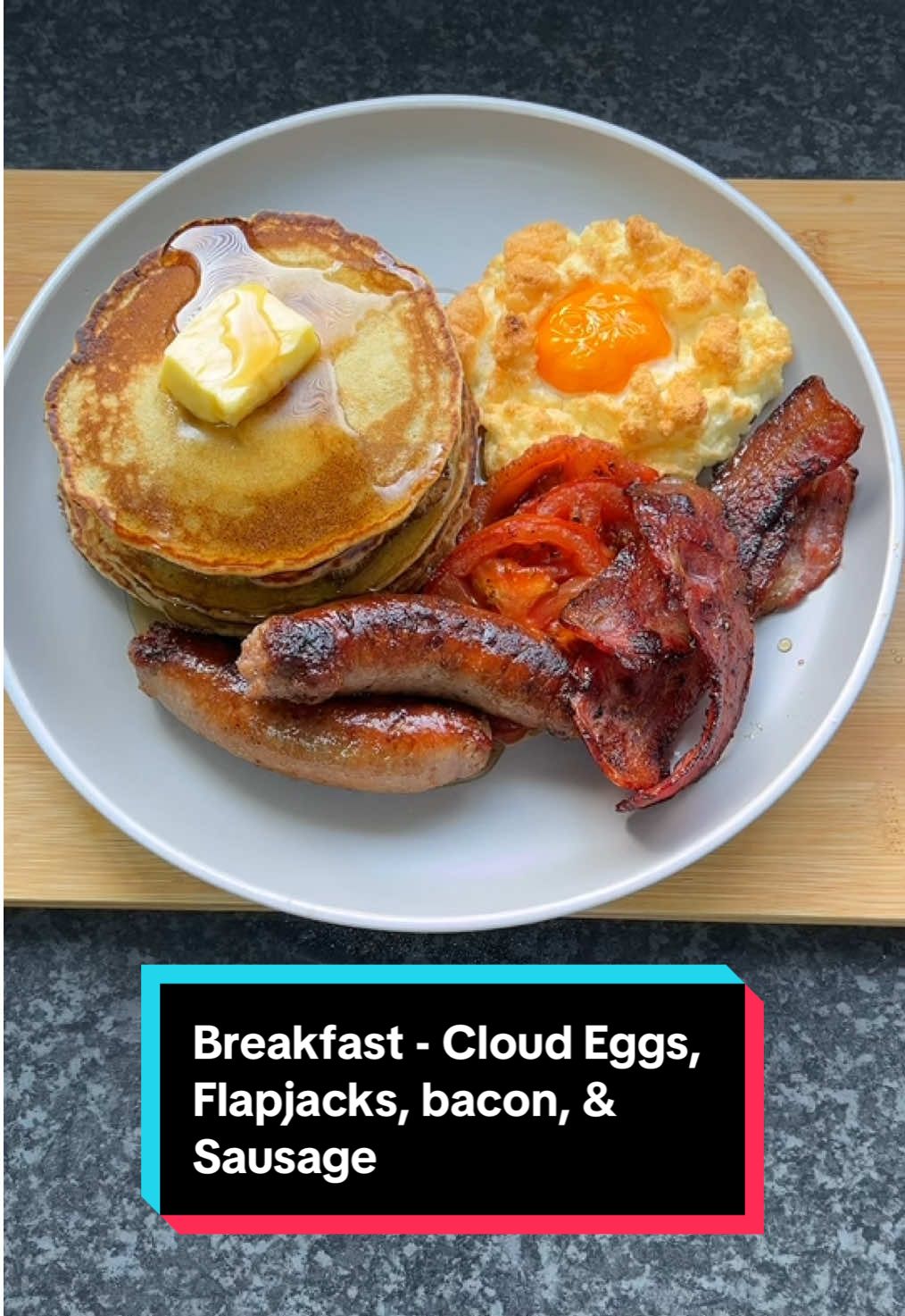 Let’s make Combo 1 from the breakfast menu - Cloud eggs, Flapjacks, bacon and sausage. #breakfast #breakfastideas #breakfastrecipes #breakfastmenu #fyp  