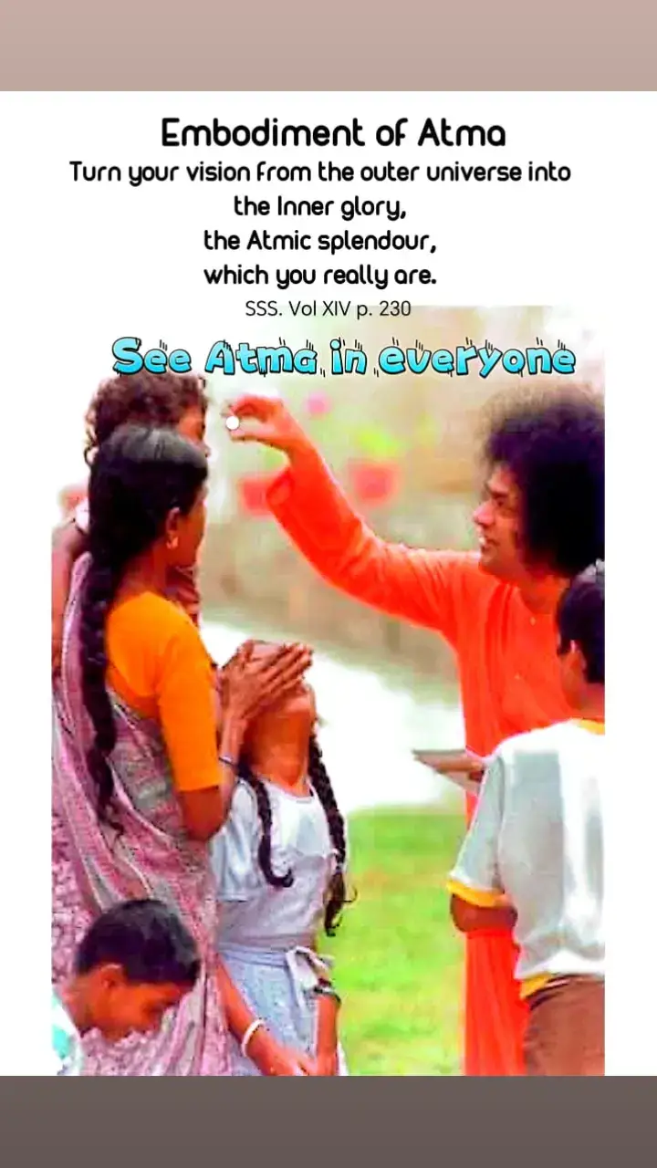 Bhagawan said that when people praise you, if you are not bolted with ego, if you are not elated or when people blame you, if you are not frustrated...in short, if you do not react to praise or blame, if you are balanced in both these situations, then, you have turned inward. When We react to the comments of others, when We react to the criticism of others, when we value the opinion of others, forgetting our own true selves, we cannot say that we have turned inward. Why are you bothered about what others think of you? Others may think that you are a sage when you are not. Or they may feel you are negligible, through you may be great. #divinity #divine #awareness #spiritual #spirituality #sss #supremeconsciousness #Avatar #SaiAvatar #enlightenment #liberation #guru #bakti #bhakti #baktiyoga #bhaktiyoga #sai #saibaba #sairam #srisathyasai #srisathyasaispeaks #moksha #divinelove #shirdisai #shirdi #sairam #omsai #premayoga #spiritualpractice #sadhana #saidiscourse #satsanga #satsang #dattatreya #datta #samartha #sainath #purity #eternallove  #mahadevamaheshwara #dharma #atma #karma #moksha #shanti #prema 