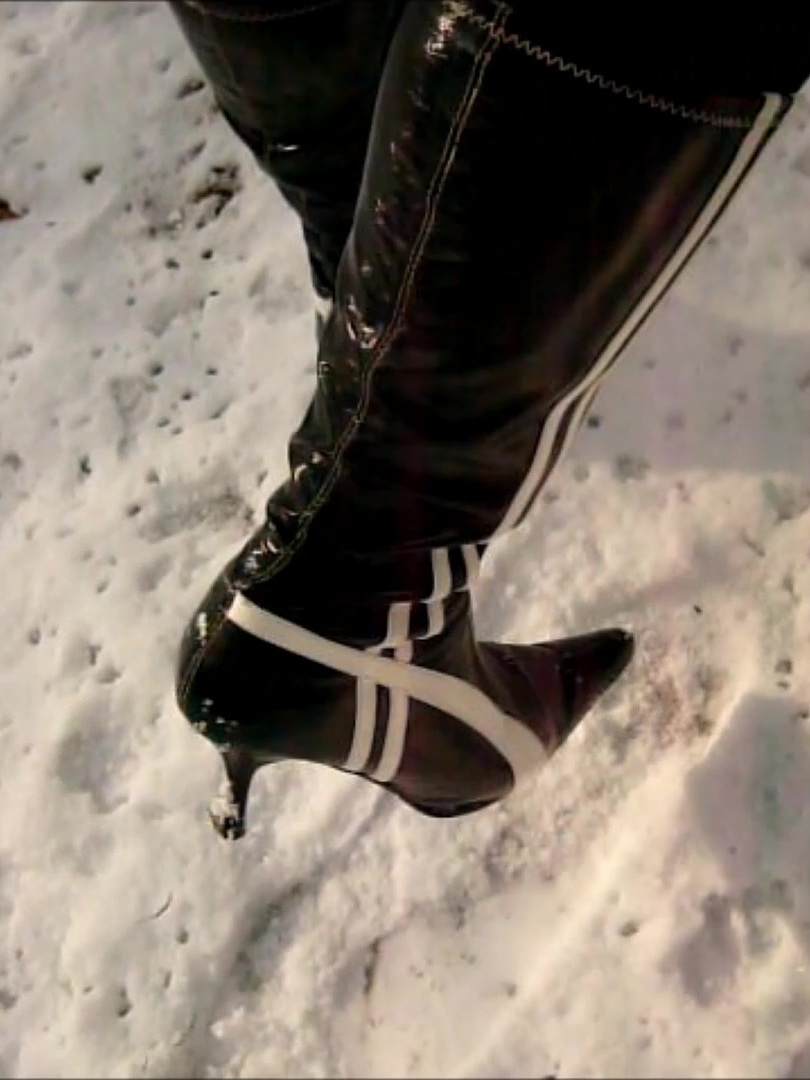 Jana make snow walk mud puddles and pedal pumping with stretch patent stiletto boots black white trailer #highheels #highheelboots #stilettos #stilettoboots #walk #pedalpumping #boots #wet