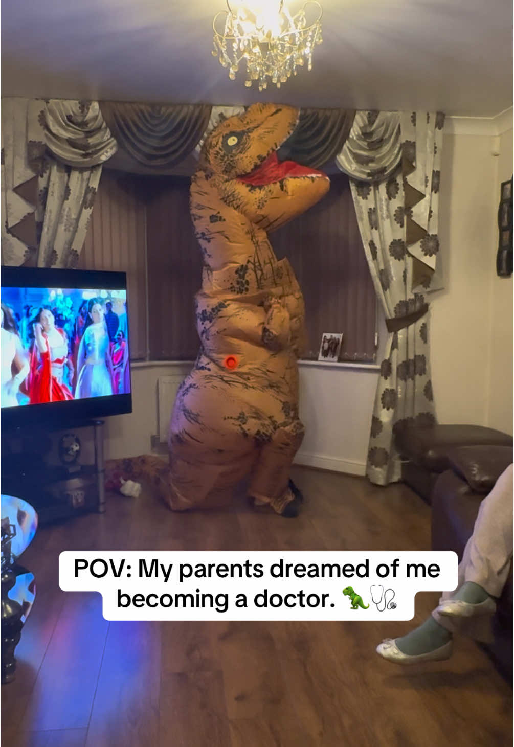 POV: My parents dreamed of me becoming a doctor 🦖🩺 #fypシ゚viral #fypage #browngirl #desi #browntiktok #brownboy #tiktoker #bollywoodsong #bolechudiyan #dinosaur #pov #parents #brownparents #dissapointment