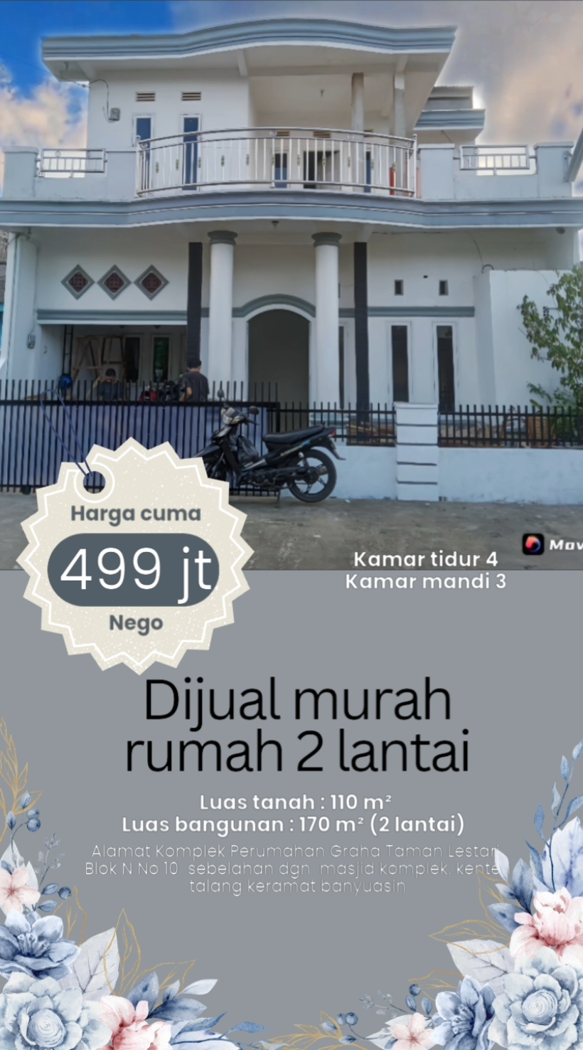 Dijual murah rumah 2 lantai Alamat Komplek Perumahan Graha Taman Lestari Blok N No 10  sebelahan dgn  masjid komplek. kenten talang keramat banyuasin Spesifikasi : Luas tanah : 110 m² Luas bangunan : 170 m² (2 lantai)  Kamar tidur dilantai 2 : 3 Kamar tidur dilantai 1 : 1  Kamar mandi lantai 2 : 1 Kamar mandi lantai 1 : 2  Legalitas SHM  Keunggulannya ; 5 menit ke SMA N 14 Palembang Dekat ke bandara  Dekat dengan indogrosir  Komplek nyaman, ramai dan posisi depan masjid Harga Rp. 499 Juta nego sampai jadi langsung Owner.  For More Information, Contact Us,  ☎ http://wa.me/+62812-3809-0169