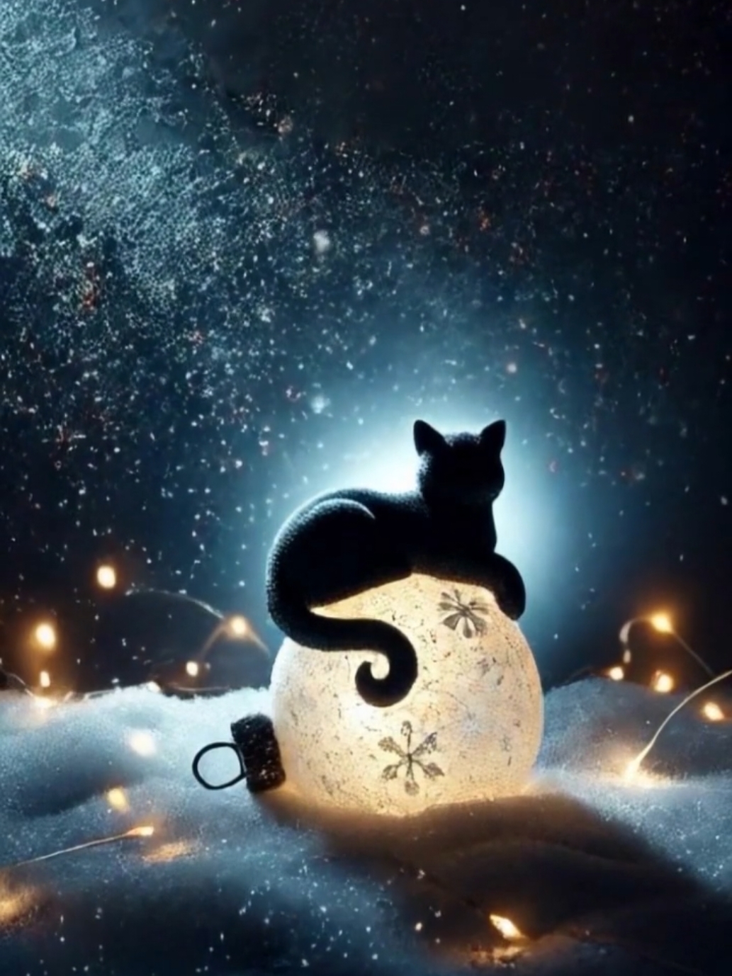 Frosted Glow: Cat in Repose A peaceful cat silhouette stretches atop a luminous, snow-covered ornament, its faint glow casting a soft light across the dark, wintry background. Twinkling snowflakes drift gently around, while the deep navy and icy blue hues create a serene, magical atmosphere. #LiveWallpaper #WinterSerenity #SnowGlow #CatElegance #FrostyScene #PeacefulVibes #AIWallpapers 