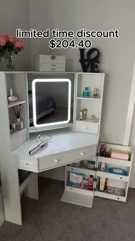 Sikaic Corner LED Makeup Vanity Desk With Storage Stool And Charging Station Mirror Drawers, Rotating Shelves #tiktokcybermonday #blackfridaydeals #tiktokblackfriday #giftideas
