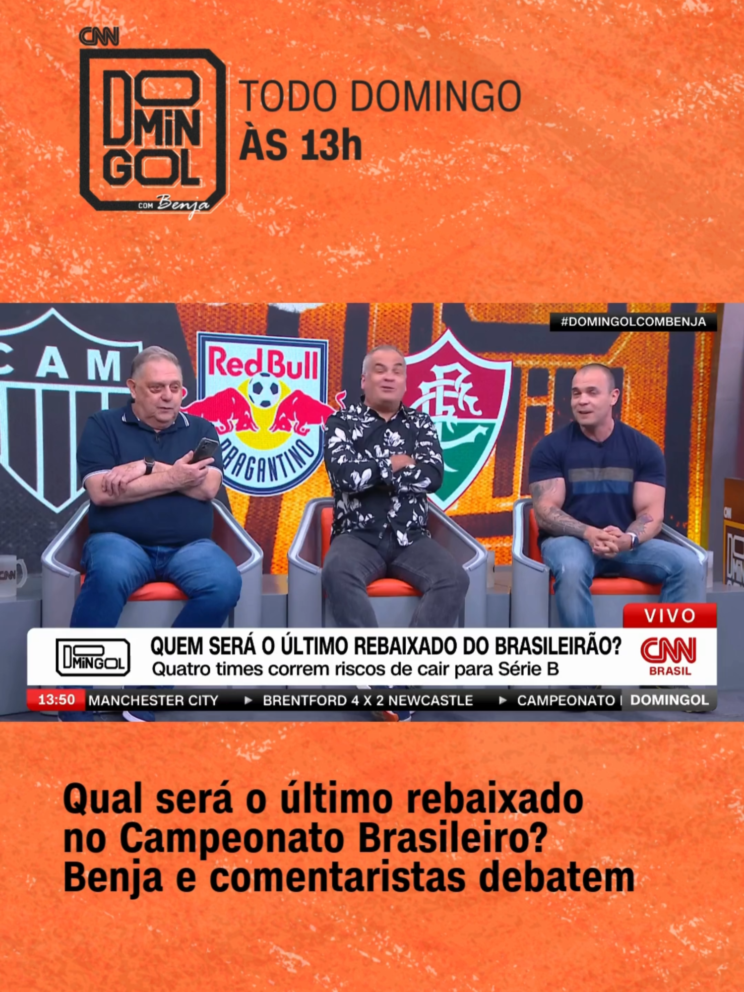 QUEM VAI JOGAR A SÉRIE B EM 2025?   Na última rodada do Brasileirão, Athletico-PR, Atlético-MG, RB Bragantino e Fluminense ainda lutam contra o rebaixamento.   No #DomingolcomBenja, Benjamin Back, Mano, Alfredo Loebeling e Eduardo Savóia debatem sobre quem será o último integrante do Z4.   E aí, torcedor (a), qual sua opinião?    #CNNEsportes #Brasileirão #Futebol