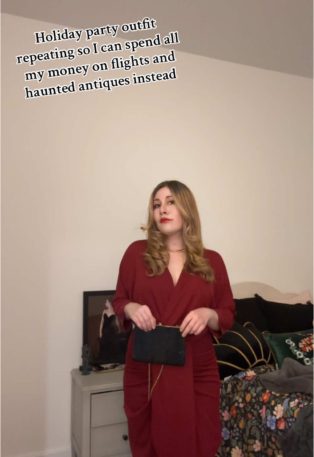 Are fit checks futile for my 2 followers & the app’s impending doom, perhaps – but I’m not wasting a good hair/makeup/ outfit day #fitcheck #holidayparty #holidaypartyoutfit #reddress #redlipstick 