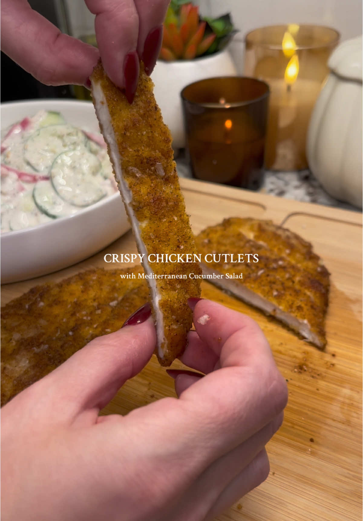 these crispy chicken cutlets are my go-to for an easy & delicious lunch or dinner🍗can be paired with anything to create a tasty meal! highly suggest giving the mediterranean cucumber salad a try🥒🍋 Ingredients: - 2 large chicken breasts, sliced in 1/2 and pounded thin - 2 eggs - 1.5 cups breadcrumbs (season generously with salt, pepper, paprika, onion powder, garlic powder) - 1 cup flour (season with salt & pepper) - 1/4 cup olive oil - cucumber, sliced thinly - fresh dill, roughly chopped - pickled onion & 2 tbsp of the juice - juice of 1/2 lemon - 1/2 cup nonfat greek yogurt - greek freak seasoning #chickencutlets #chickencutletrecipe #mediterraneansalad #crispychicken #cucumbersalad #cucumber #chickenrecipe #easydinnerideas #EasyRecipes #easychickenrecipe #easydinnerrecipe #weeknightdinner #weeknightmeals #cookwithme #EasyRecipe #creatorsearchinsights 