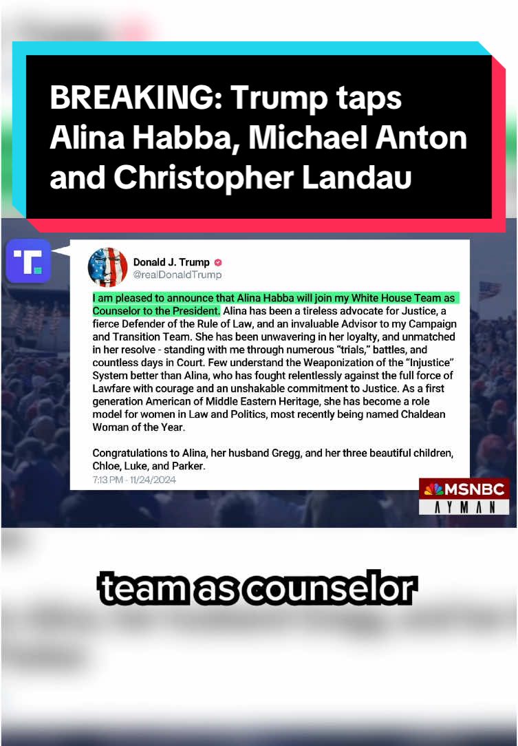 BREAKING: Trump picks Alina Habba as counselor to the president, Michael Anton for director of policy planning at the State Department and Christopher Landau as deputy secretary of state. #trump #administration #picks #president 