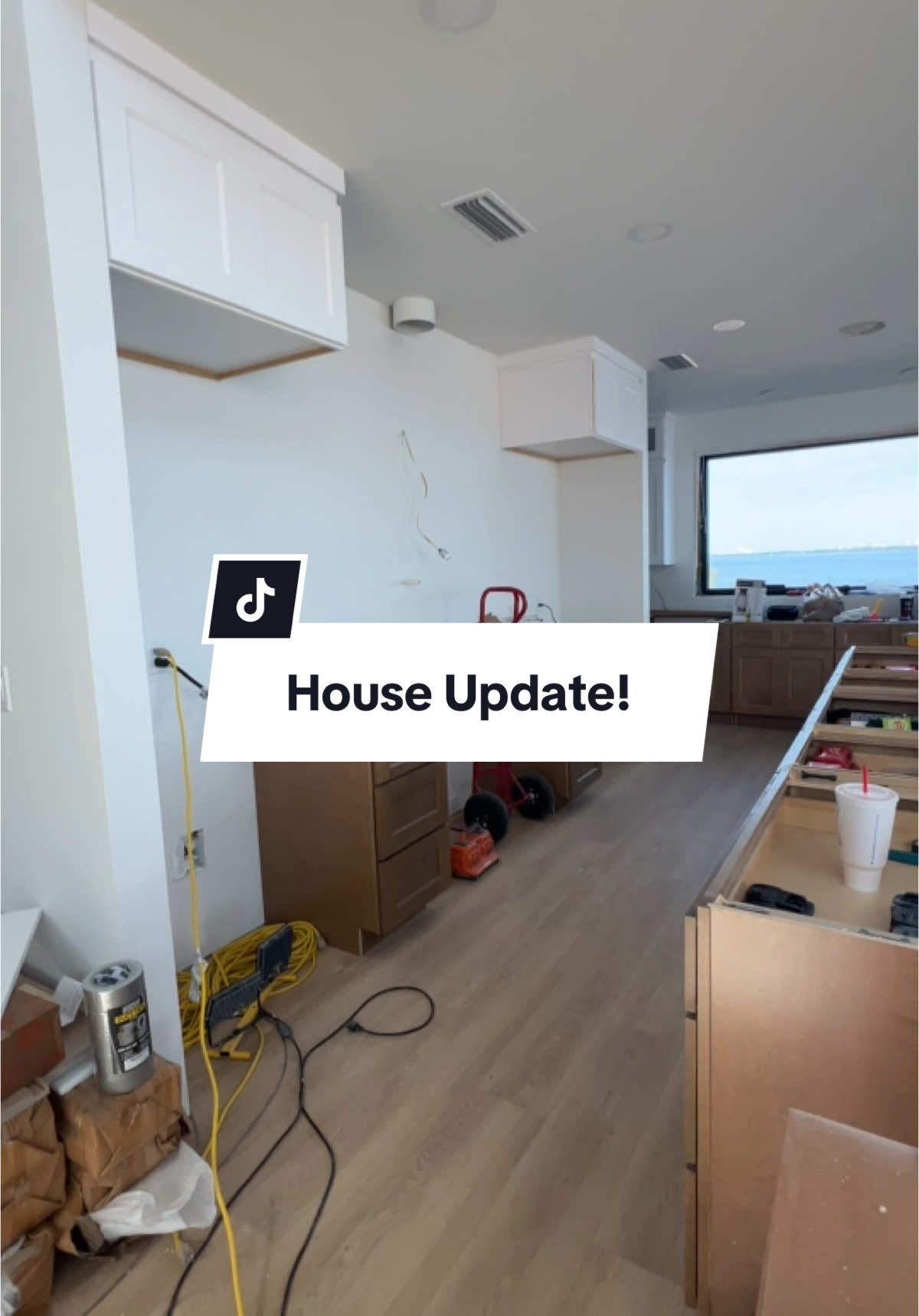 A little update! Family Room @TouchstoneHomeProducts Smart Fireplace installed 👍 and our motorized fireplace lift so we can move it down if we want it lower while sitting. Now on to adding refrigerator panels to make room for our new kucht appliances! But arent our @THE FLOORING FACTORY floors the perfect color for a coastal vibe 🙌🏼#disastertodreamhome 