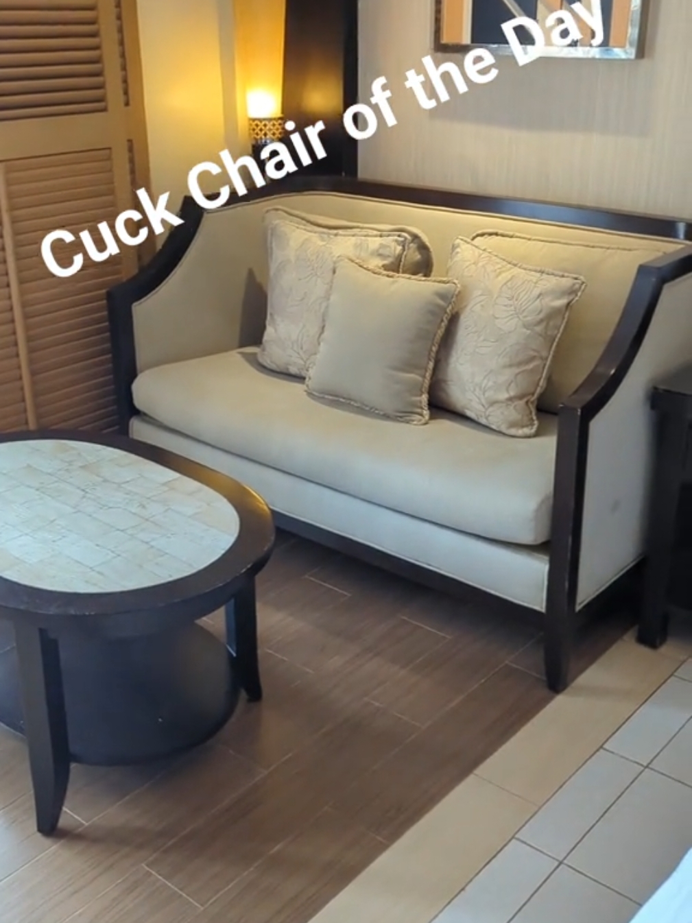 10/10 because it can sit two and there's a table to enjoy a cup of coffee while it's going down too #fyp #cuckchairoftheday #funny #meme #foryoupage 