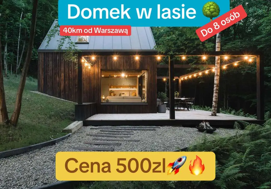 🌟 Urokliwy domek całoroczny blisko Warszawy – idealny na relaks i aktywny wypoczynek! 🌟 💰 Cena: 500 zł/doba 🏡 Opis: 	•	Dwupoziomowy domek otoczony lasem i strumykiem, idealny dla rodzin, par i przyjaciół. 	•	Parter: • Wydzielona sypialnia dla 2 osób. • Salon z sofą (funkcja spania dla 2 osób), stołem i aneksem kuchennym (płyta indukcyjna, piekarnik, ekspres do kawy, zmywarka, lodówka). • Łazienka. 	•	Antresola: • Łóżko dwuosobowe, jednoosobowe i siatka hamakowa. 	•	Taras z meblami ogrodowymi i grillem gazowym. 	•	Jacuzzi z nielimitowanym dostępem. 📞 Zapraszamy do kontaktu – chętnie odpowiemy na pytania! #Warszawa #relaks #domek #wynajem #komfort #bliskośćnatury #spokój