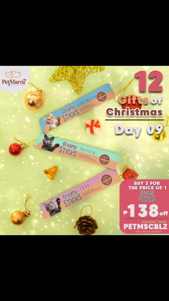 Merry Mlem-mas, Kitty!! 🎁Time to spoil your cat with the creamiest treats that they craved this holiday! Get P138 OFF on PetMarra Creamy Sticks using our Shopee Voucher Code gift just for you! Hurry up, available ONLY FOR OUR FIRST 100 USERS! 🎄🐾 Provide your furry companion the BEST NUTRITION FOR A LIFETIME! 💚🤎 #WonderFurChristmasWithPetMarrra #PetMarra #iLovePetMarra #NutritionForALifetime #SwitchUpwithPetMarra